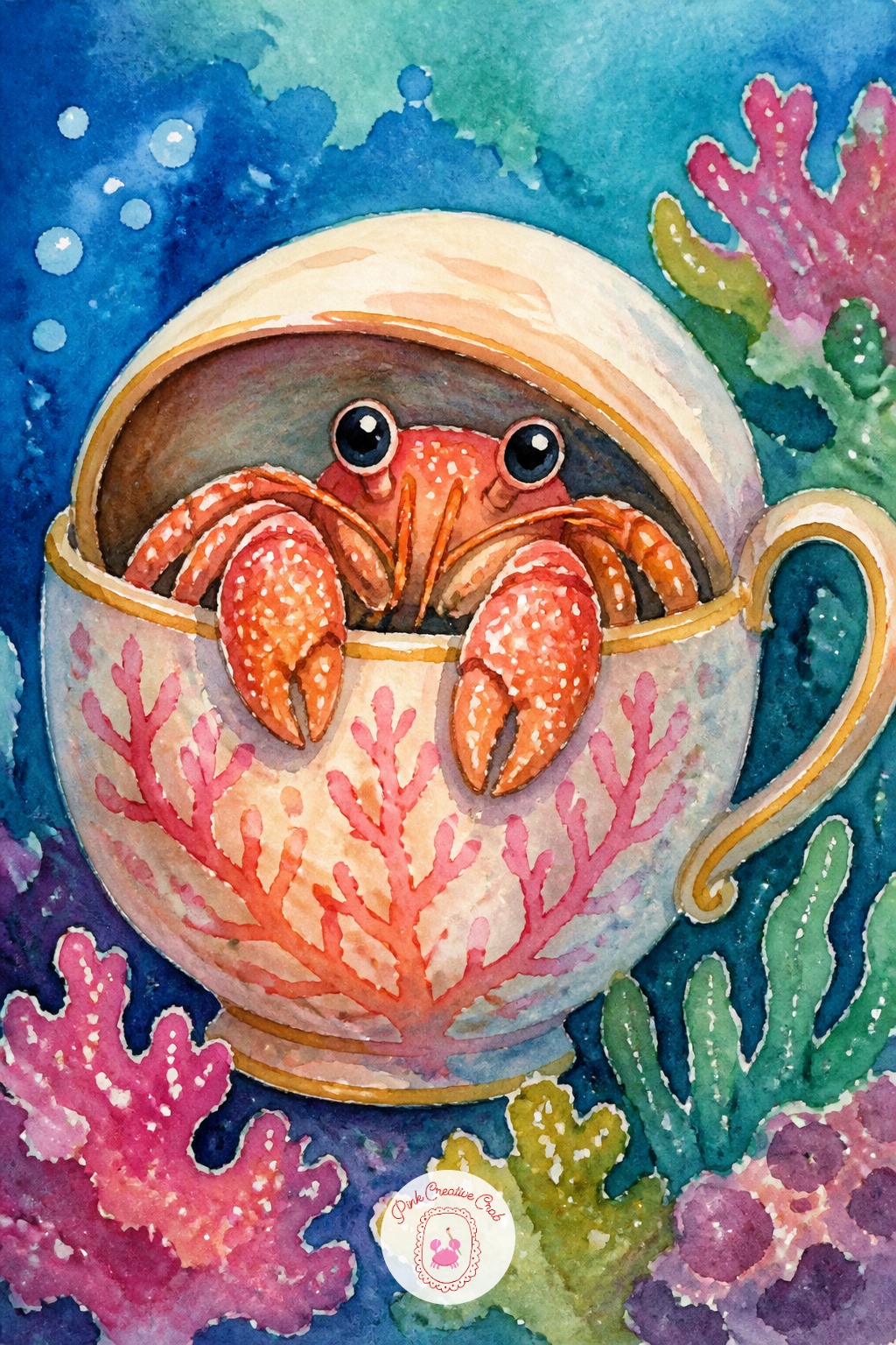 Hermit Crab In A Teacup Shell — Ten minutes gets you the shell, the crab's two front claws, and a couple of legs poking out underneath, which already reads as