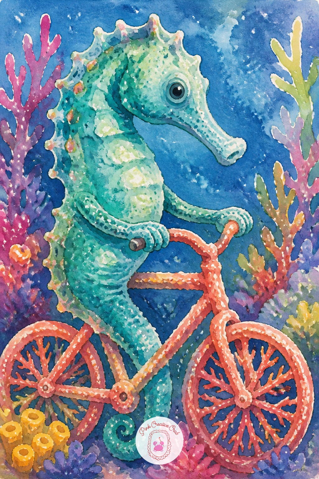 Seahorse Riding A Coral Bicycle — Grab a fine brush-tip marker for the seahorse's curled tail and the thin bicycle frame, since both need a controlled