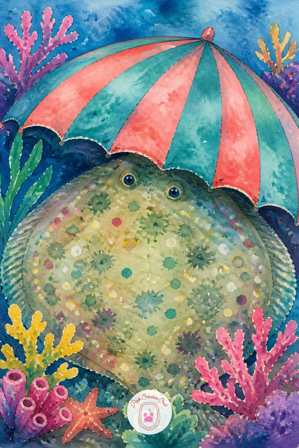 Flounder Hiding Under A Striped Umbrella — Flat fish confuse beginners because both eyes sit on the same side, so measure the head as roughly one quarter of