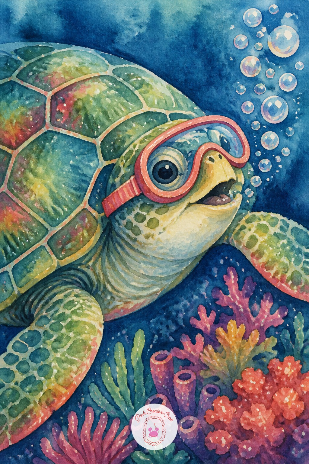Sea Turtle In Snorkel Goggles Chasing Bubbles — Set the eye level just above the turtle's shell, as if the viewer swims slightly higher in the water, which