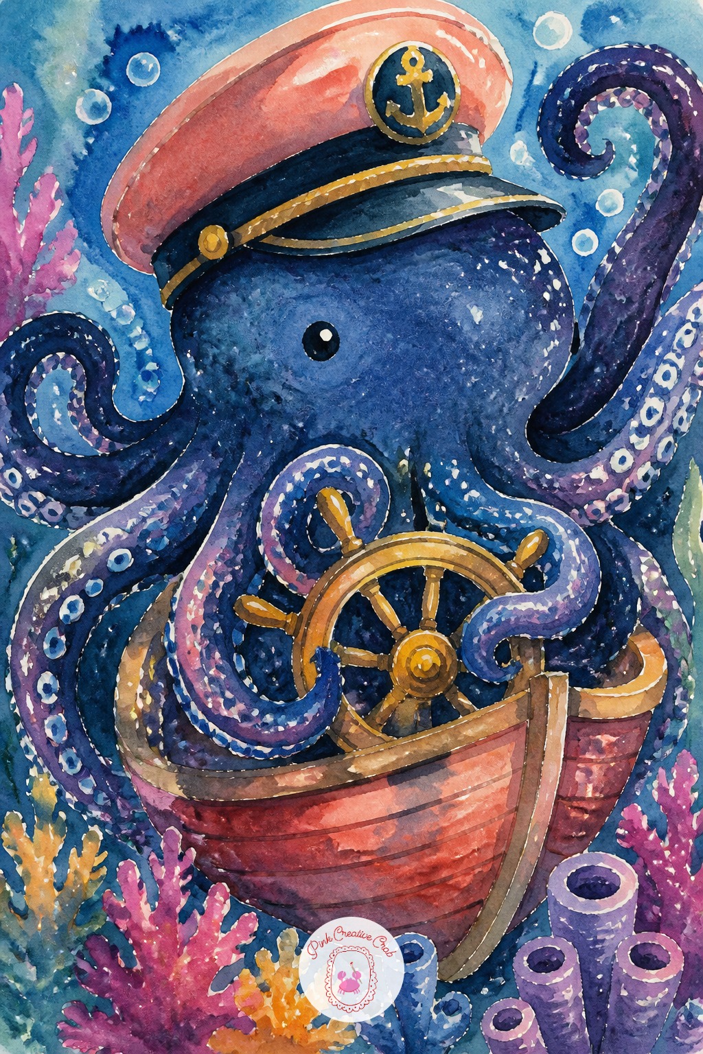 Octopus Captain Steering A Tiny Boat — Ten minutes covers the captain's hat, the wheel, and two or three tentacles gripping it, which already tells the whole