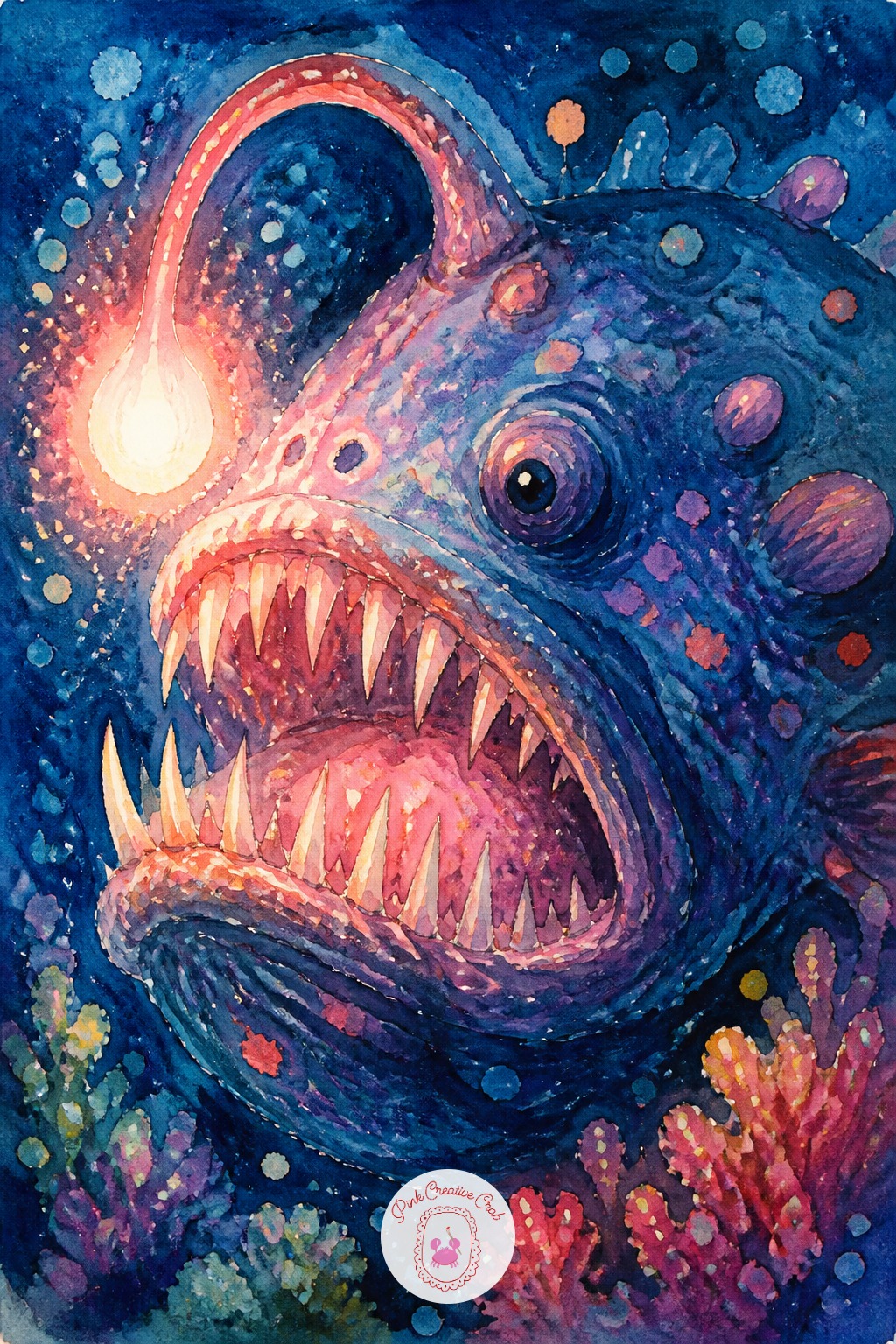 Anglerfish With A Glowing Lamp — Fine brush marker earns its keep on the anglerfish's jagged teeth and the thin stalk leading to its lamp, both needing a