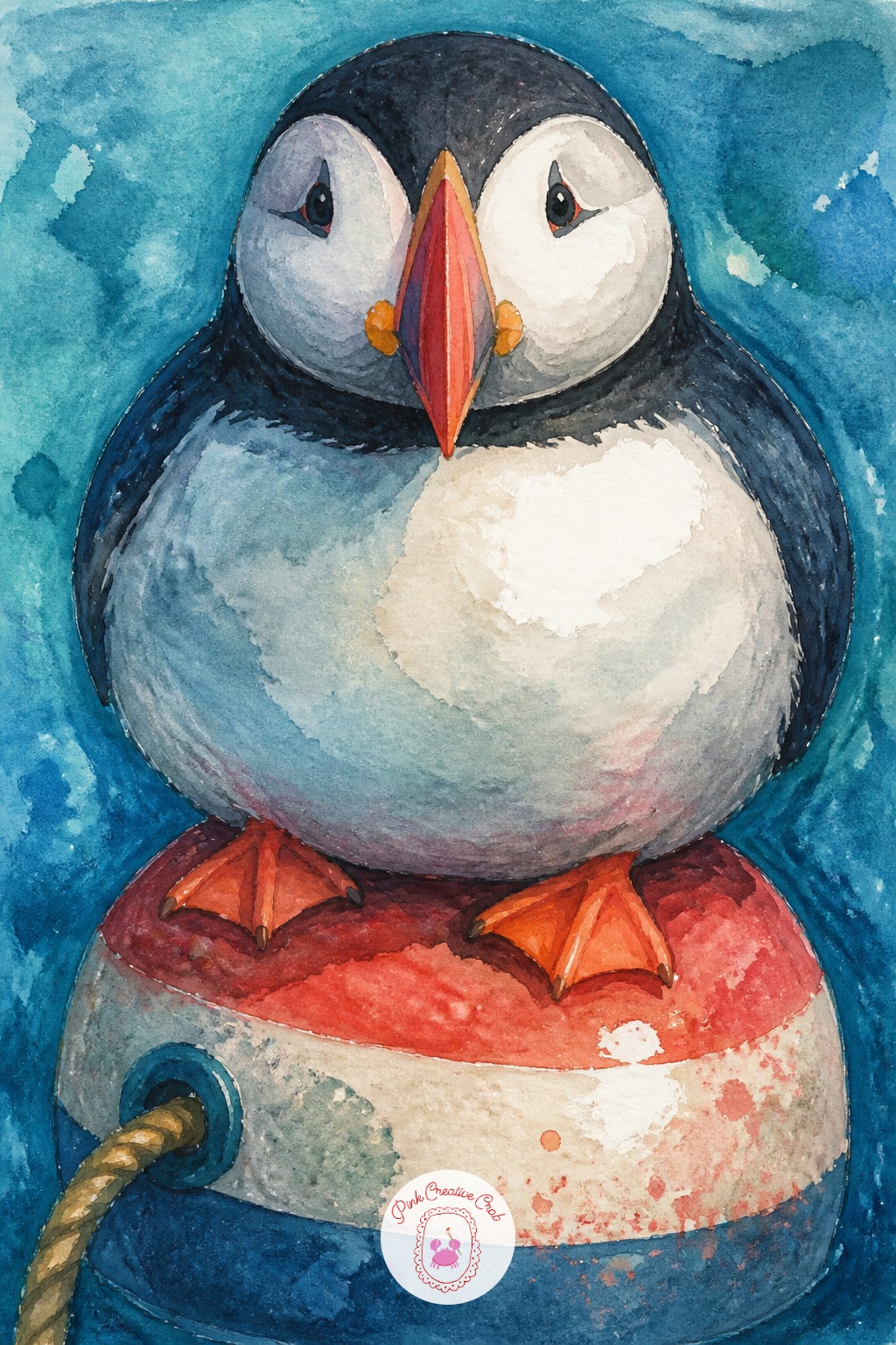 Puffin Perched On A Buoy — Keep the eye level low, close to the buoy's surface, so the puffin's round body fills most of the upper frame and the striped buoy