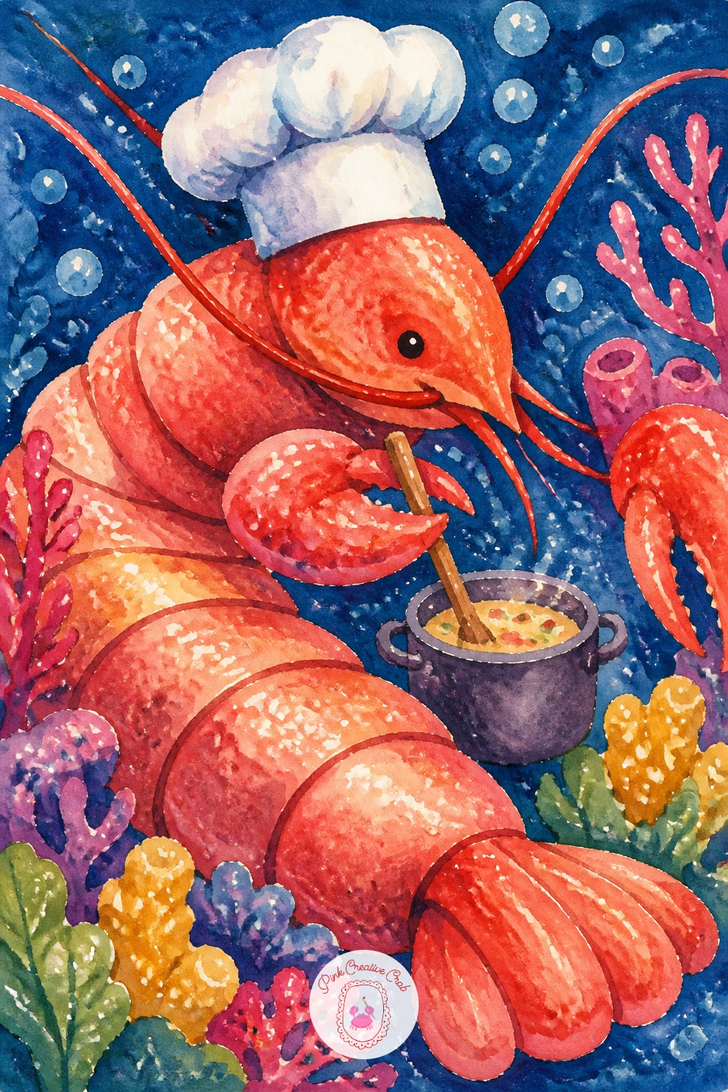 Lobster In A Chef Hat Stirring A Pot — Segmented shell reads as hard and smooth at once, so break the tail into three or four clear bands with a slightly