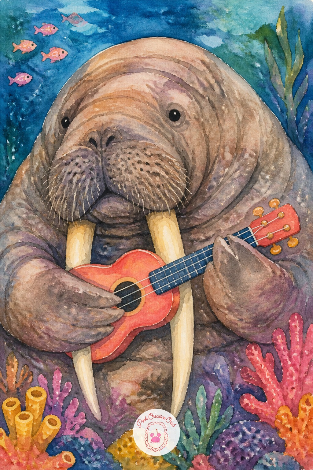 Walrus Playing A Ukulele — Broad chisel-tip marker in warm gray-brown handles the walrus's heavy, wrinkled bulk in a few confident strokes, while a fine brush