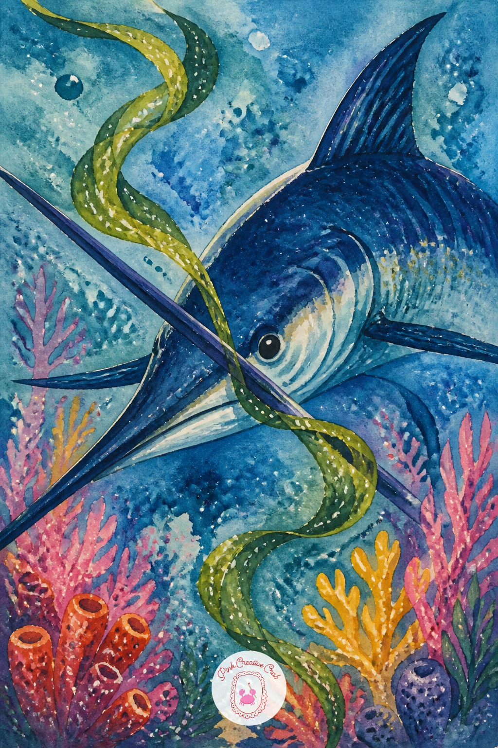 Swordfish Dueling A Seaweed Ribbon — Start with the long bill, a single confident line that sets the whole energy of the pose before anything else goes down.