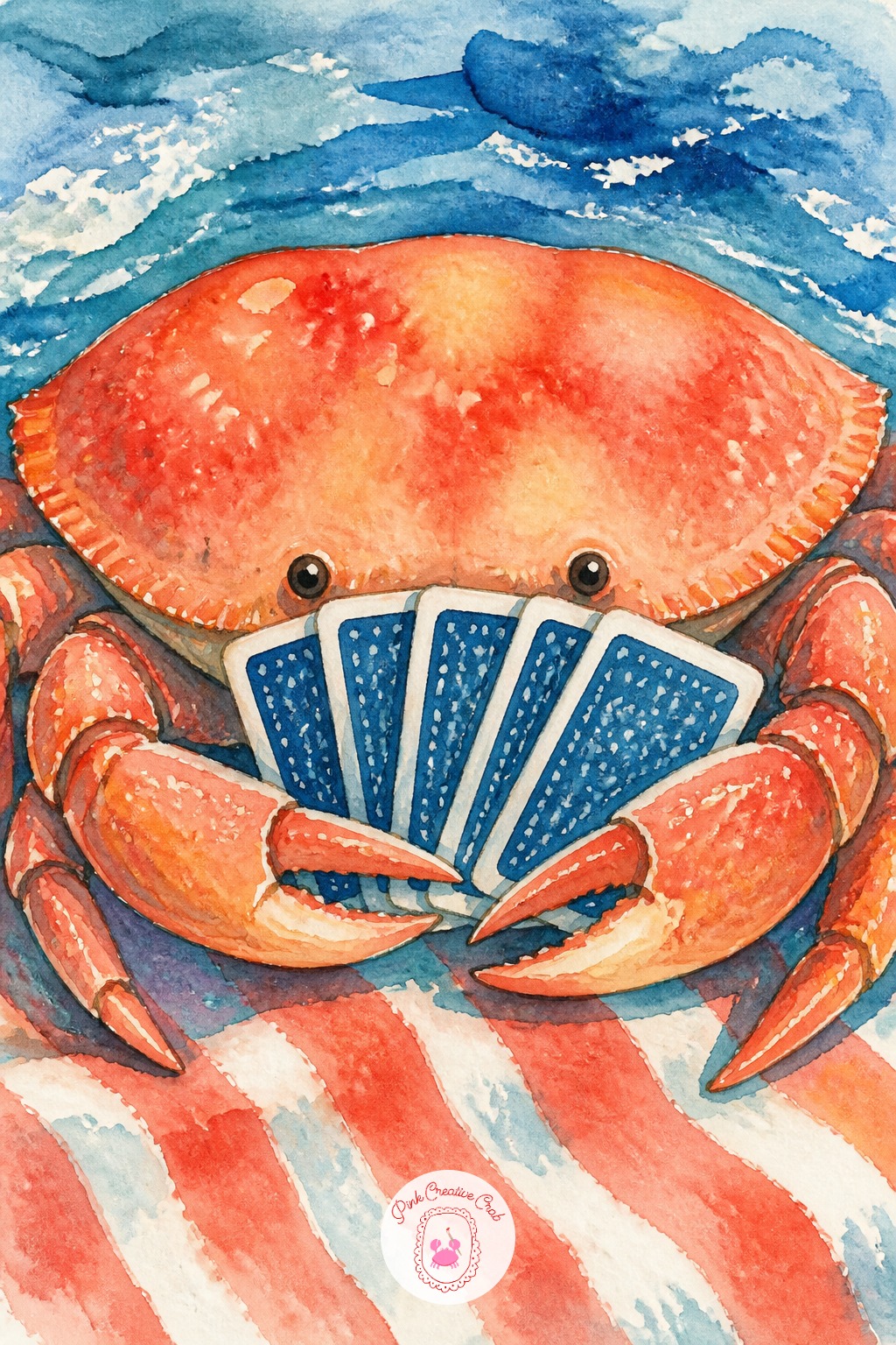 Crab Playing Cards On A Towel — Measure the crab's shell width as roughly twice its height, a wide flat oval rather than anything rounder, which is the detail