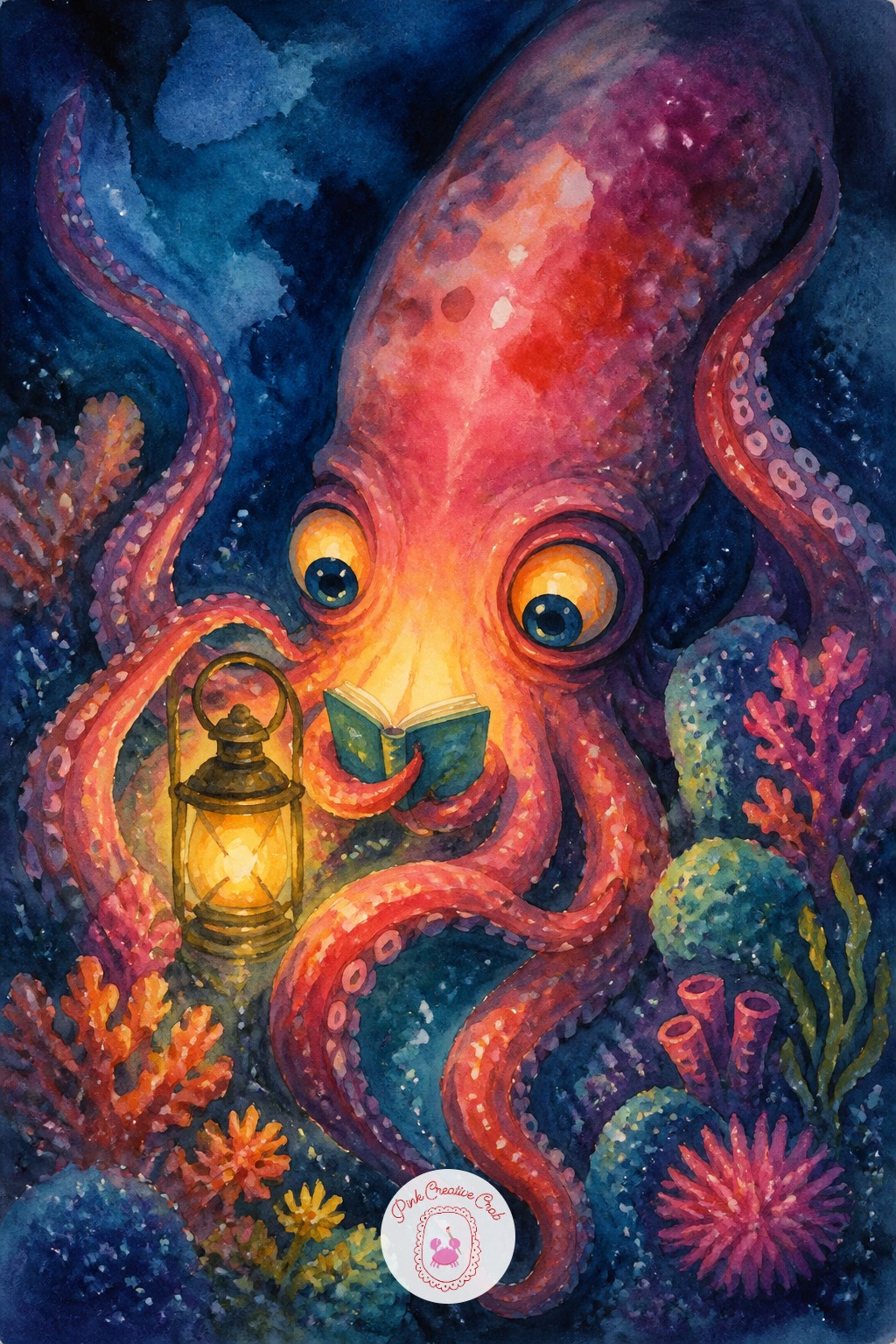 Giant Squid Reading By Lantern Light — Place the lantern low in the frame so its glow lights the squid's face and the nearest tentacles from below, throwing