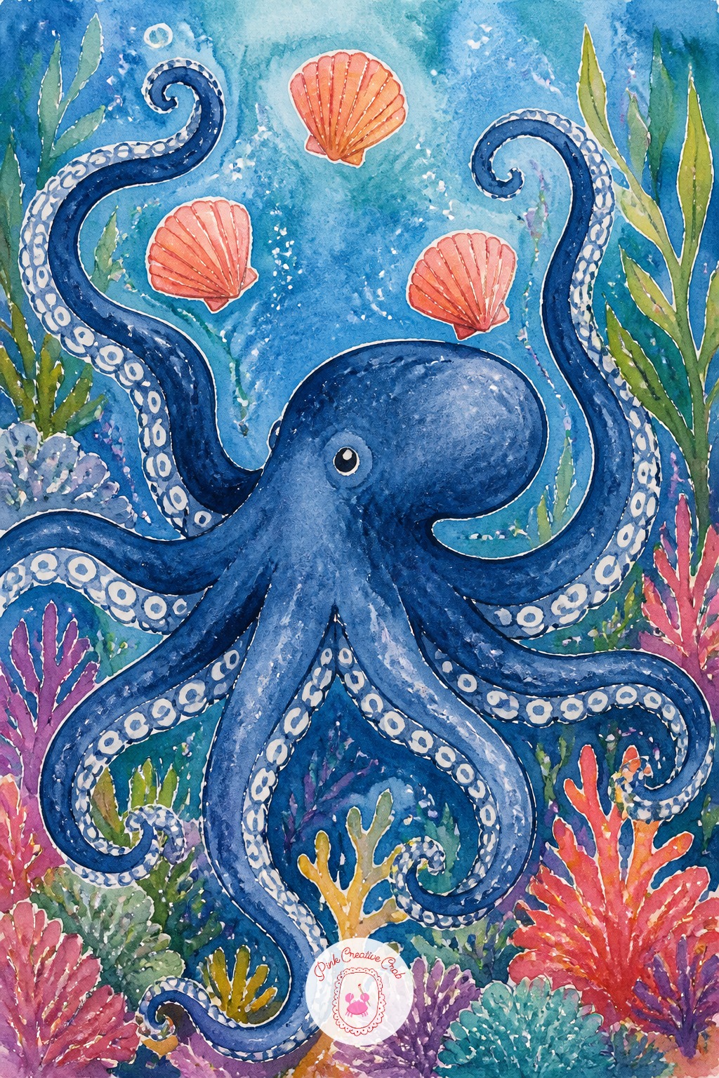 Octopus Juggling Seashells — Suction cups are the signature texture here, and the fastest way to fake dozens of them convincingly is a fine white gel pen