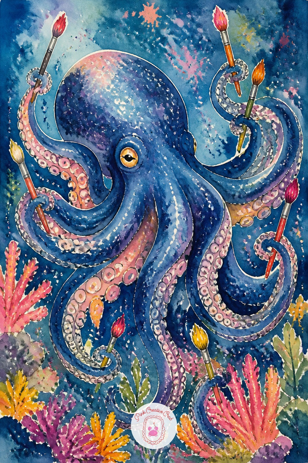 Octopus Painting With Many Brushes — Ten minutes gets three or four tentacles each gripping a different tiny brush, which is already a full page of personality