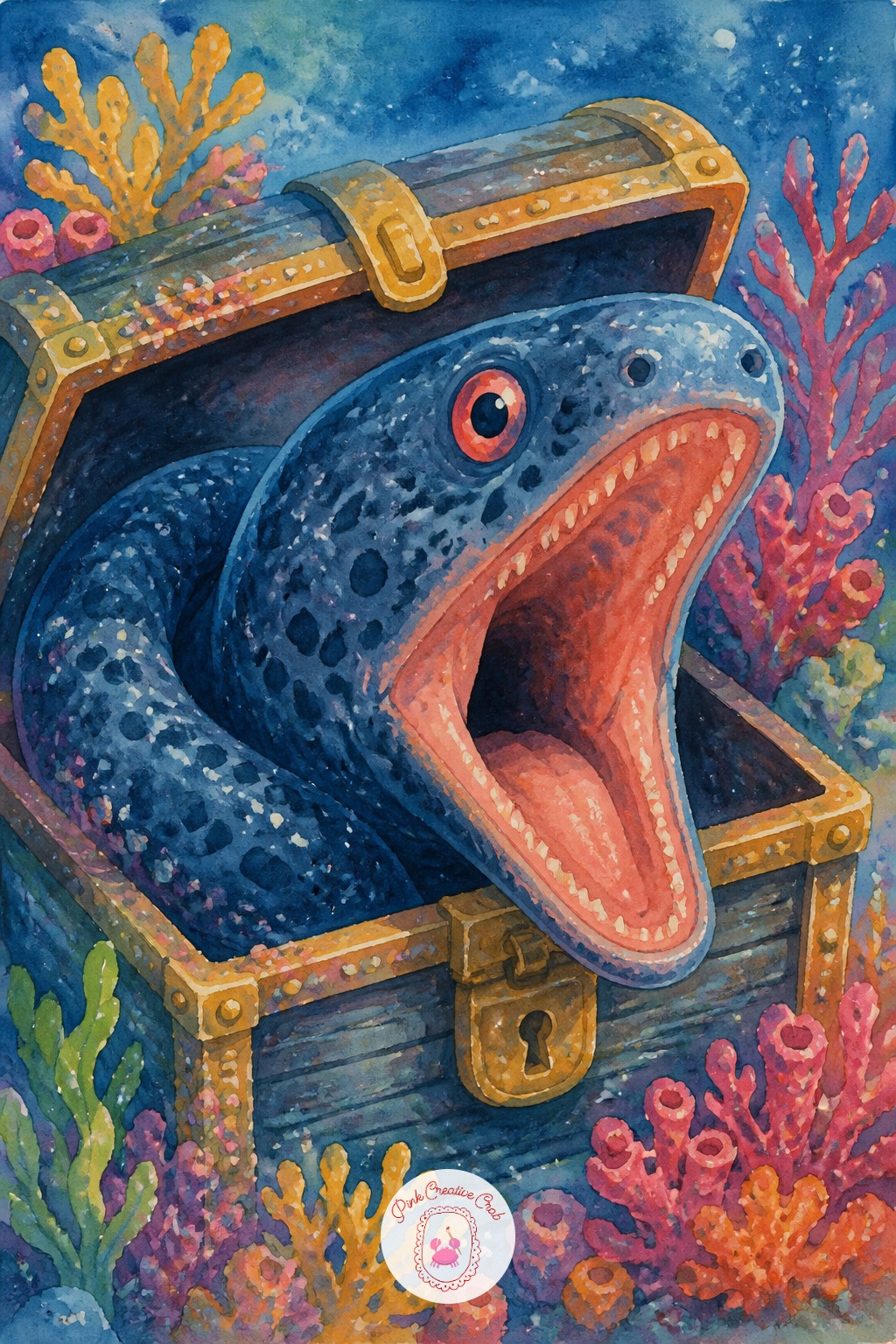 Moray Eel Peeking From A Treasure Chest — Once the eel's head and open jaw work here, try the whole body spiraling fully out of the chest next time instead of