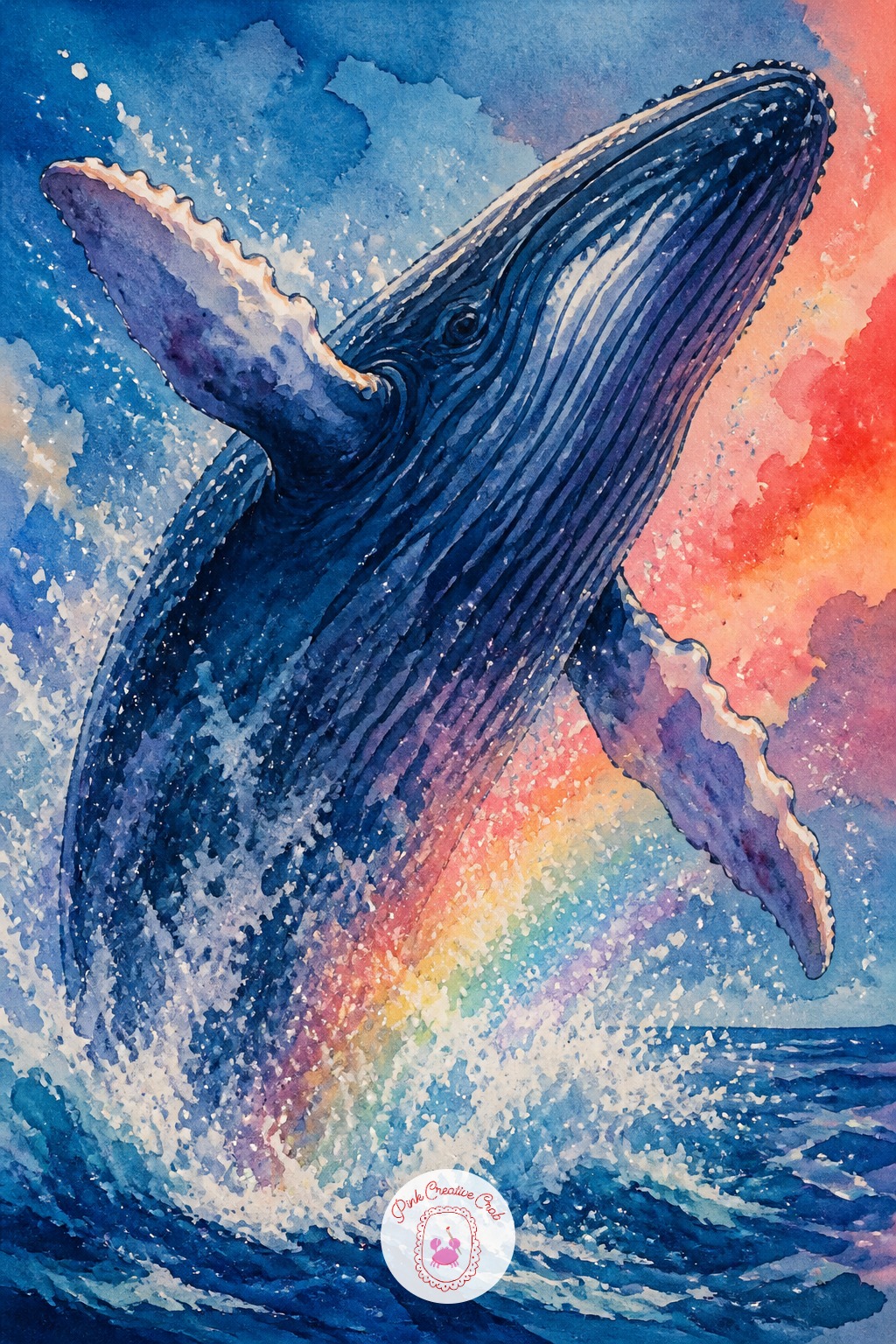 Humpback Whale Breaching With A Rainbow Spray — Large chisel-tip marker in deep navy covers the whale's enormous body in long confident strokes that follow the