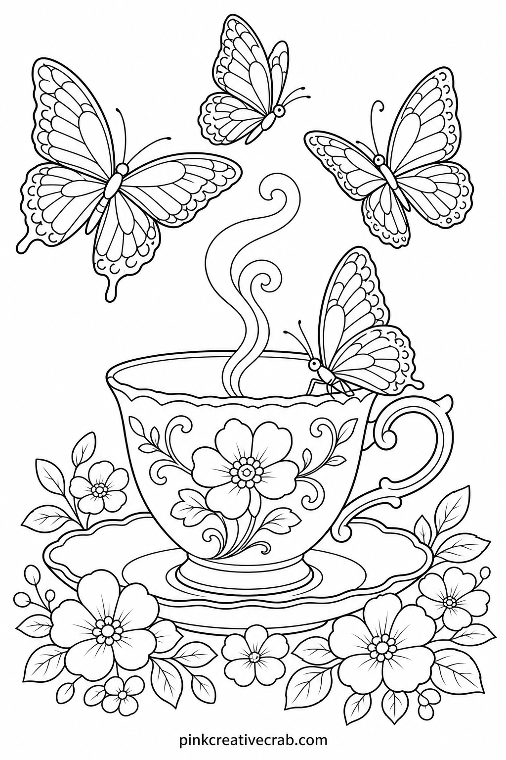 Butterflies Around A Teacup printable page — Leave the teacup itself white or very pale and let the butterflies carry all the color, since the contrast between