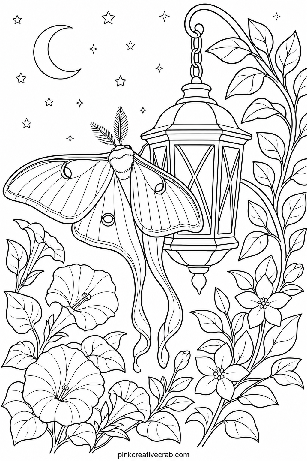 Luna Moth Under A Lantern printable page — Luna moths pair naturally with a soft night sky background, so block in the pale wings first, then work outward into