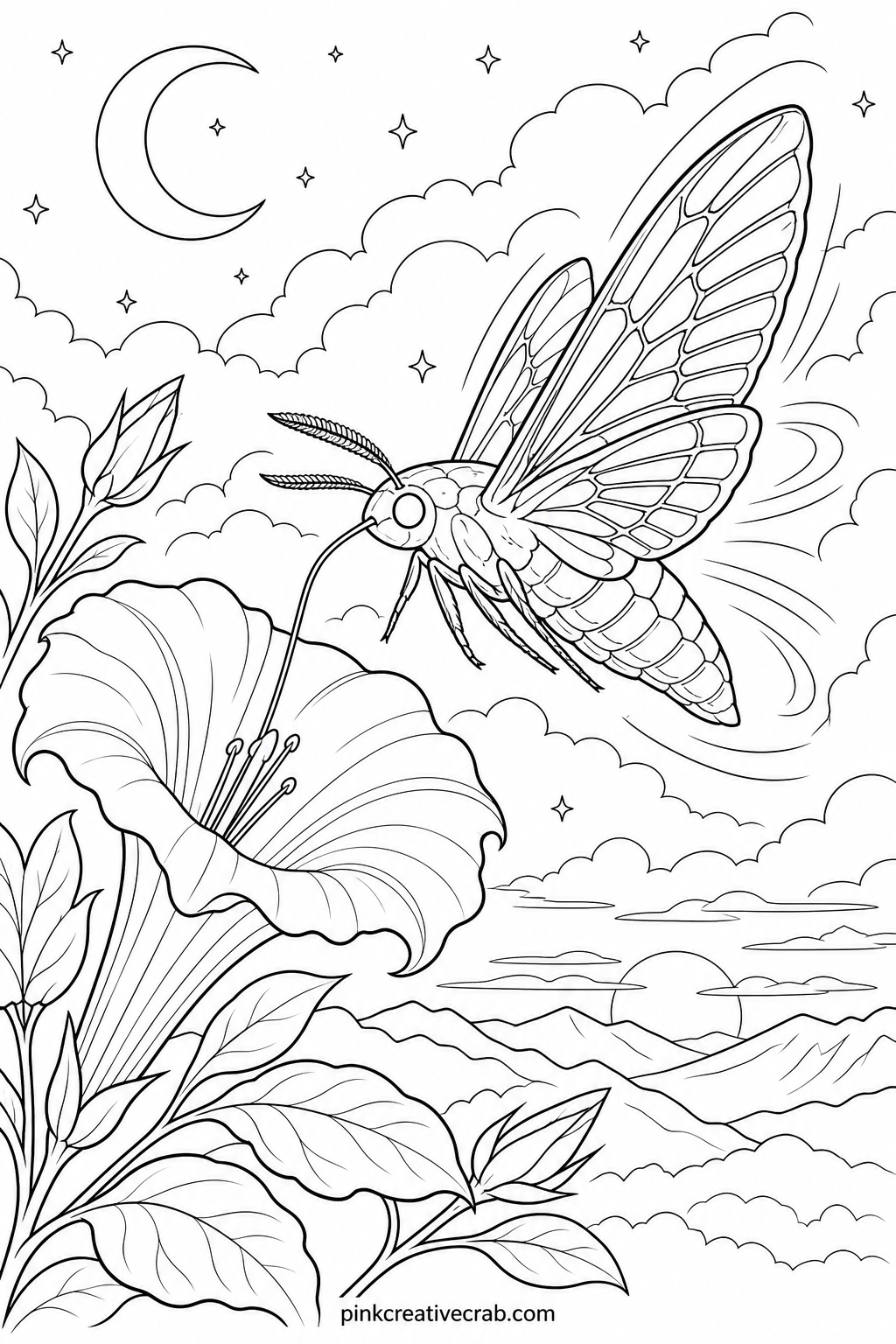Sphinx Moth At Dusk printable page — The usual mistake here is coloring the moth and the dusk sky in the same weight of color, which flattens the page.