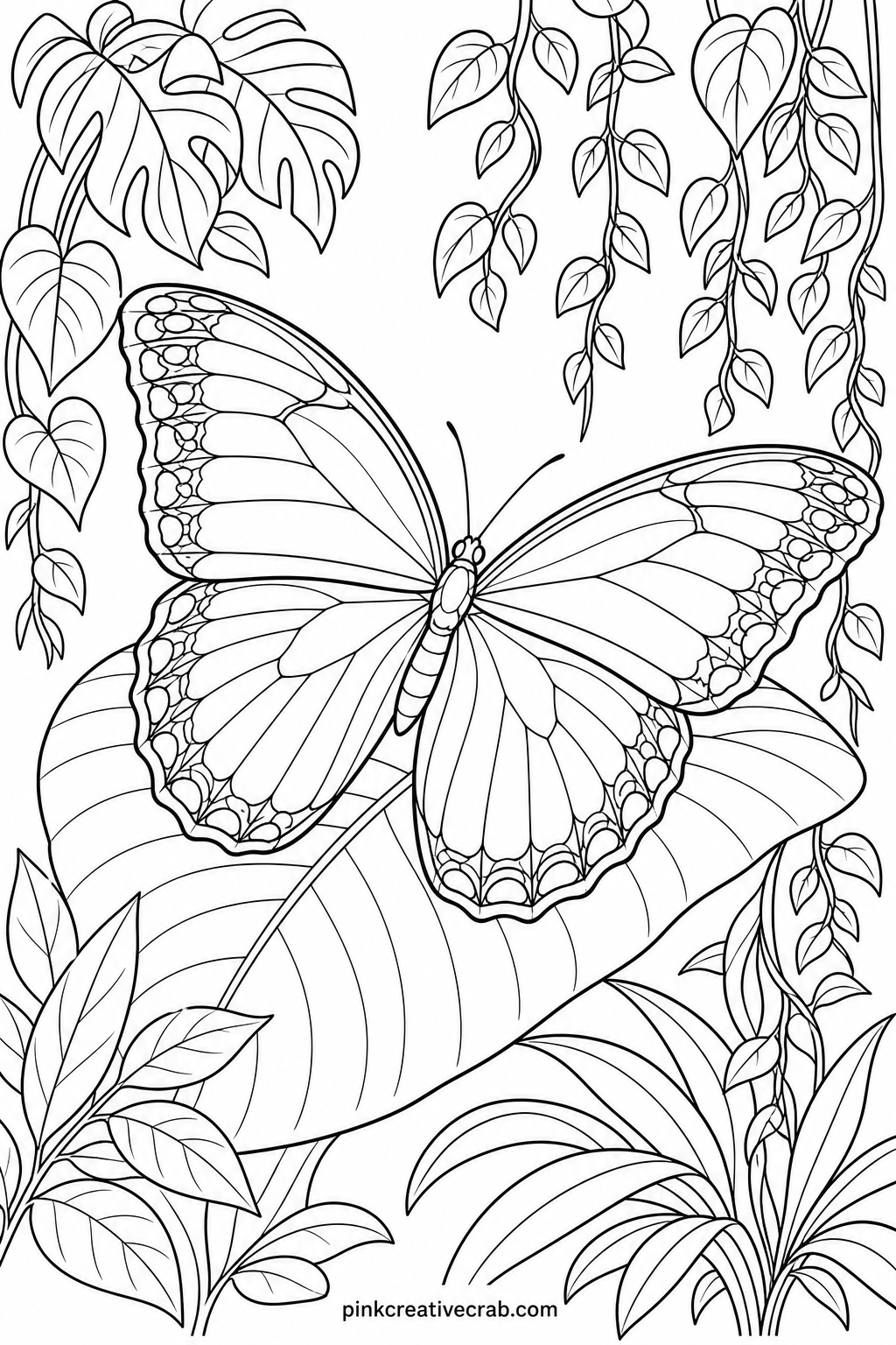 Blue Morpho In The Rainforest printable page — Start with the wings on this one before touching the background, since the iridescent blue morpho pattern is the