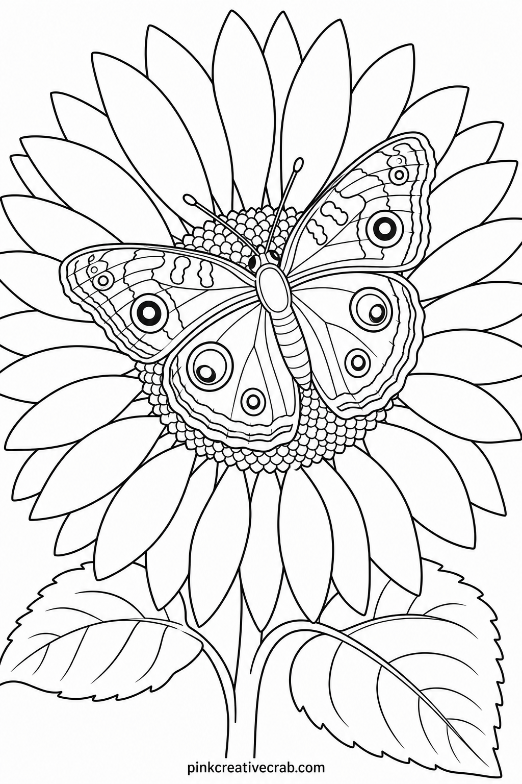 Common Buckeye On A Sunflower printable page — This page pairs naturally with the owl butterfly sheet, since both carry large eye-spot patterns, so coloring