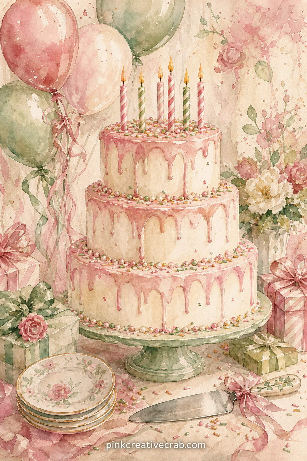 Layer Cake Centerpiece printable page — A three-tier cake dripping with icing sits at the center, surrounded by scattered sprinkles, a cake knife, a stack of
