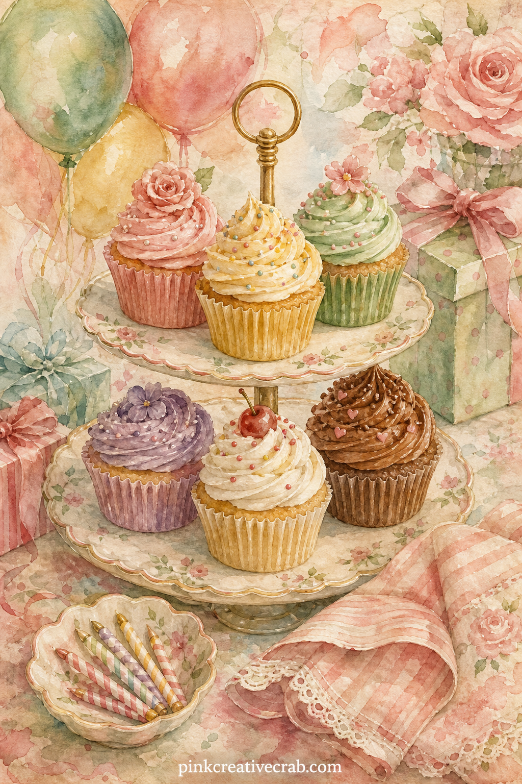 Cupcake Tower Display printable page — Pair this one with the Candy Stripe Pattern background a few pages on: use a strip of that paper as a cake stand doily