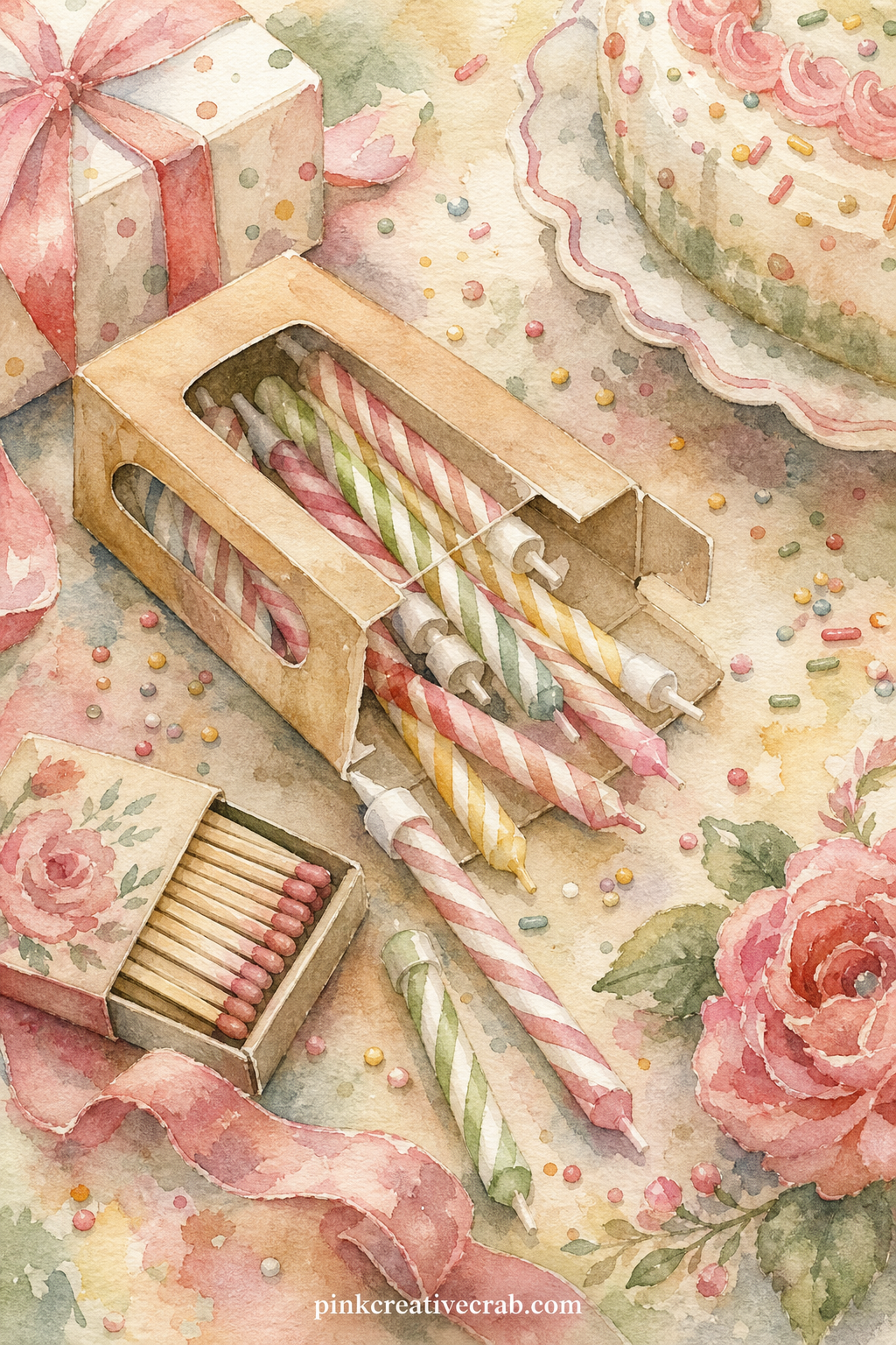 Candle Box Collection printable page — An open box of striped birthday candles spills across the page, next to a book of matches, a ribbon offcut and a few