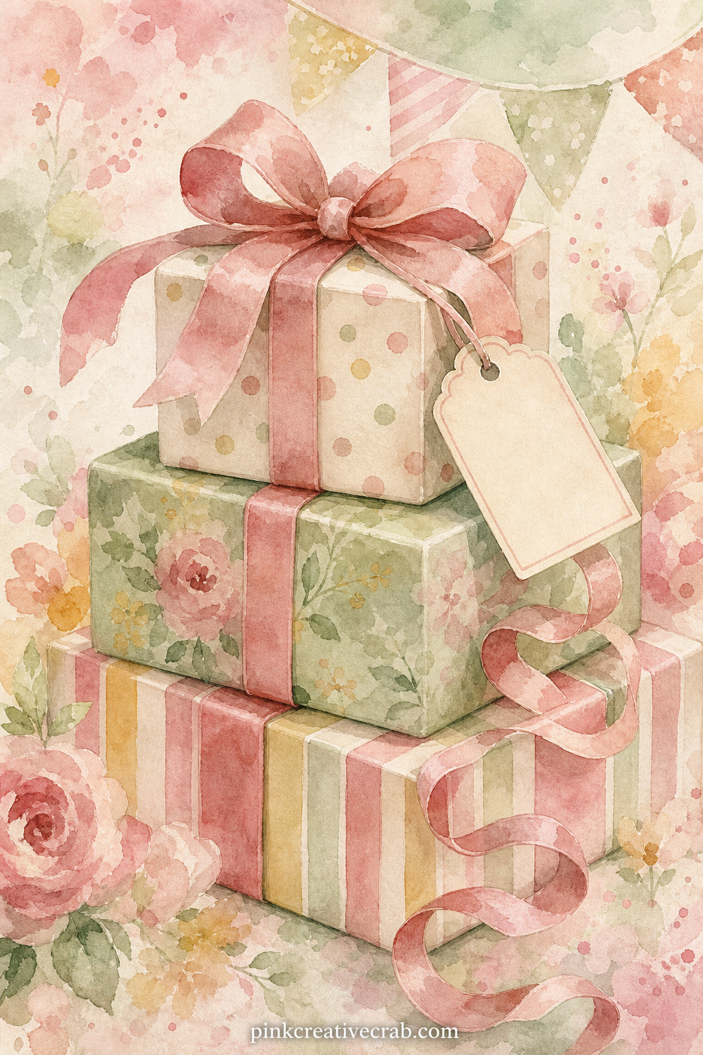 Wrapped Gift Stack printable page — Three wrapped gifts of different sizes lean together under a wide bow, with a gift tag, a curl of ribbon and a sprig of