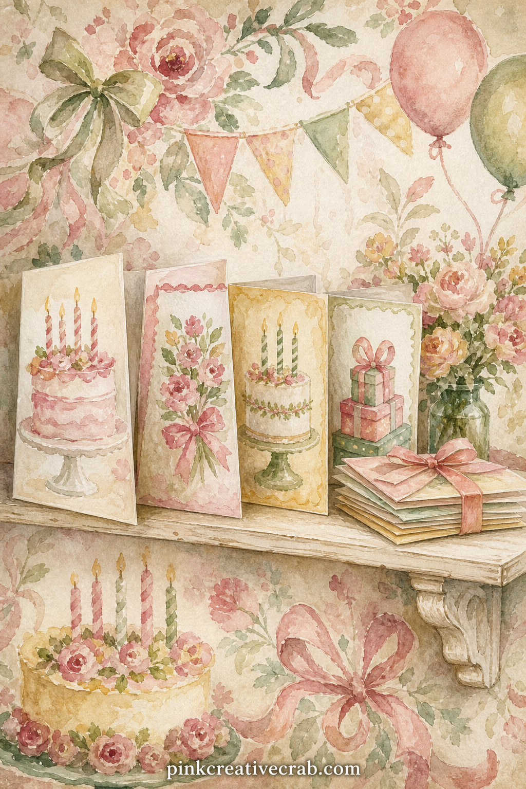 Greeting Card Display Shelf printable page — A narrow shelf holds four standing birthday cards, their fronts just visible, with a small vase of flowers and a