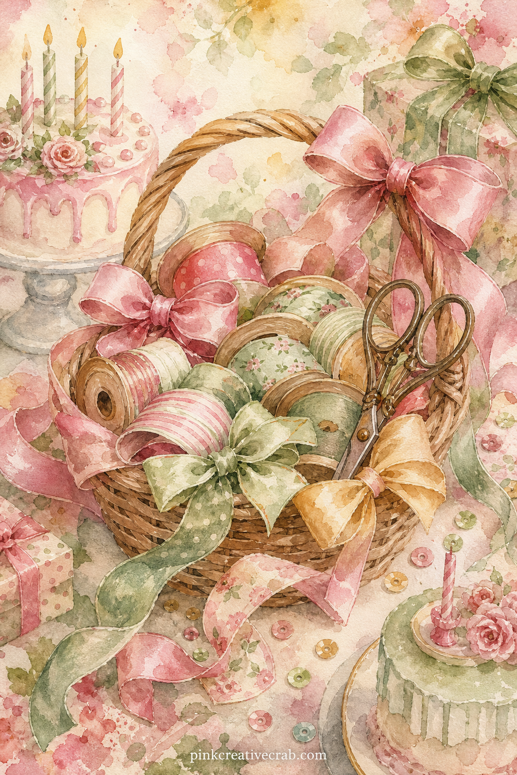 Ribbon and Bow Basket printable page — A woven basket overflows with spools of ribbon, loose bows and a pair of scissors, sitting on a table scattered with a
