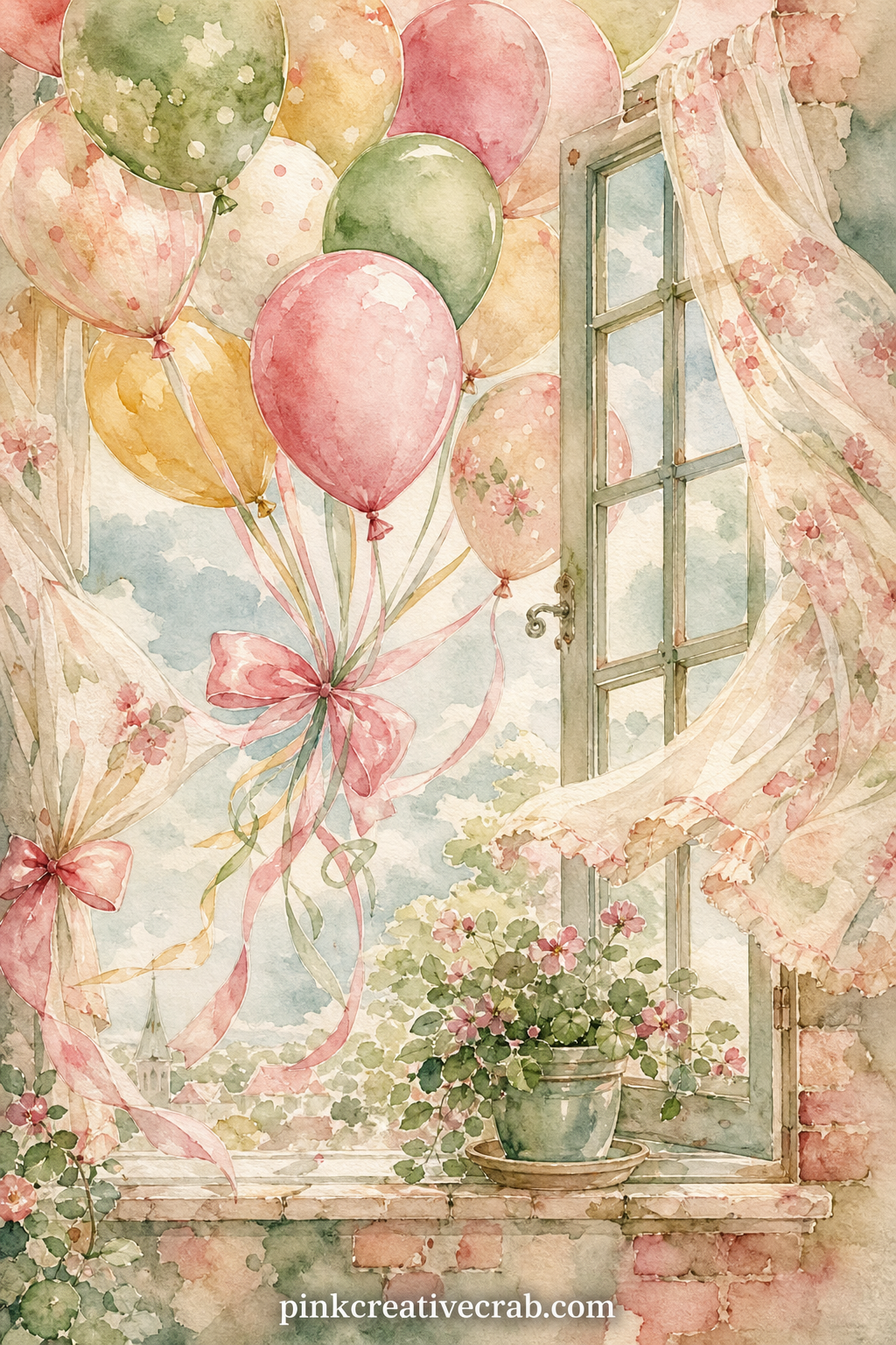 Balloon Bunch Window printable page — A cluster of ribboned balloons floats past an open window, with curtains stirring and a small potted plant on the sill