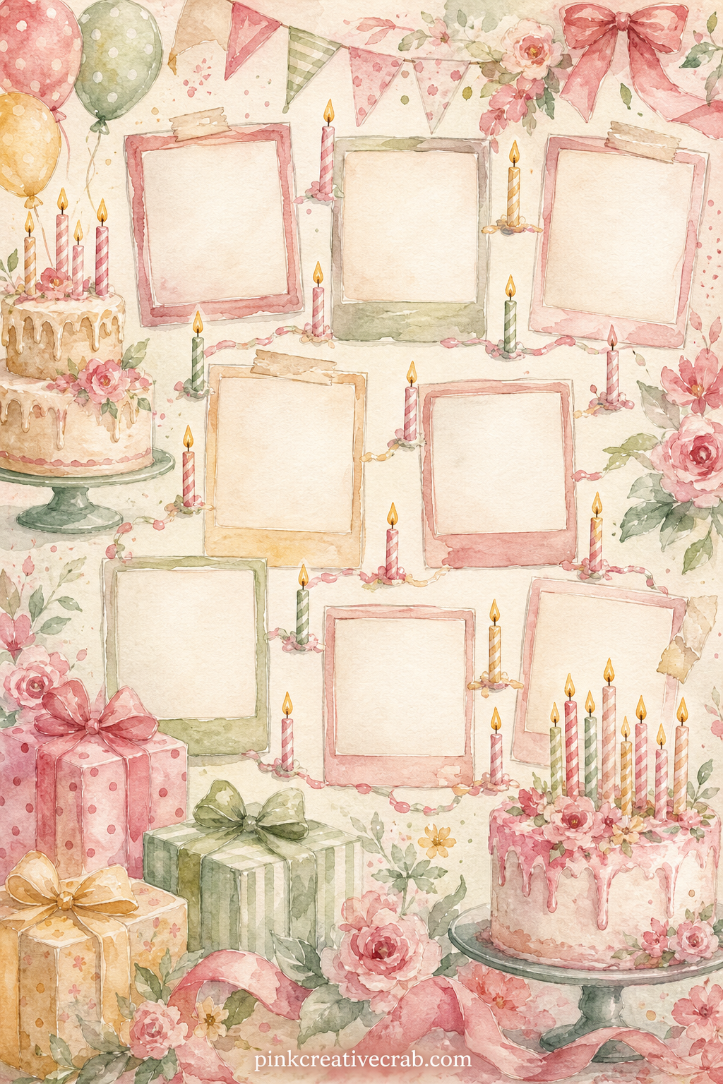 Every Year Photo Grid printable page — Leave this page almost bare: just a faint painted grid of frames and a trail of candles between them, ready for one