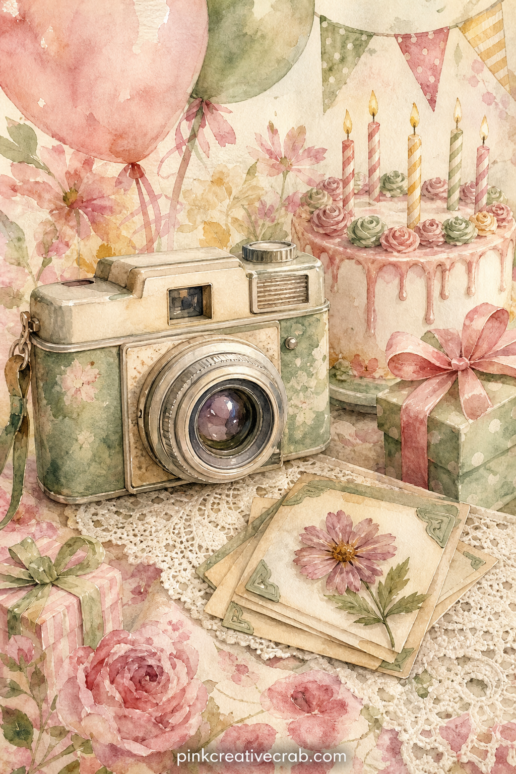 Childhood Birthday Snapshot Page printable page — A single old-fashioned camera sits on a lace cloth, with a small stack of photo corners and a pressed flower