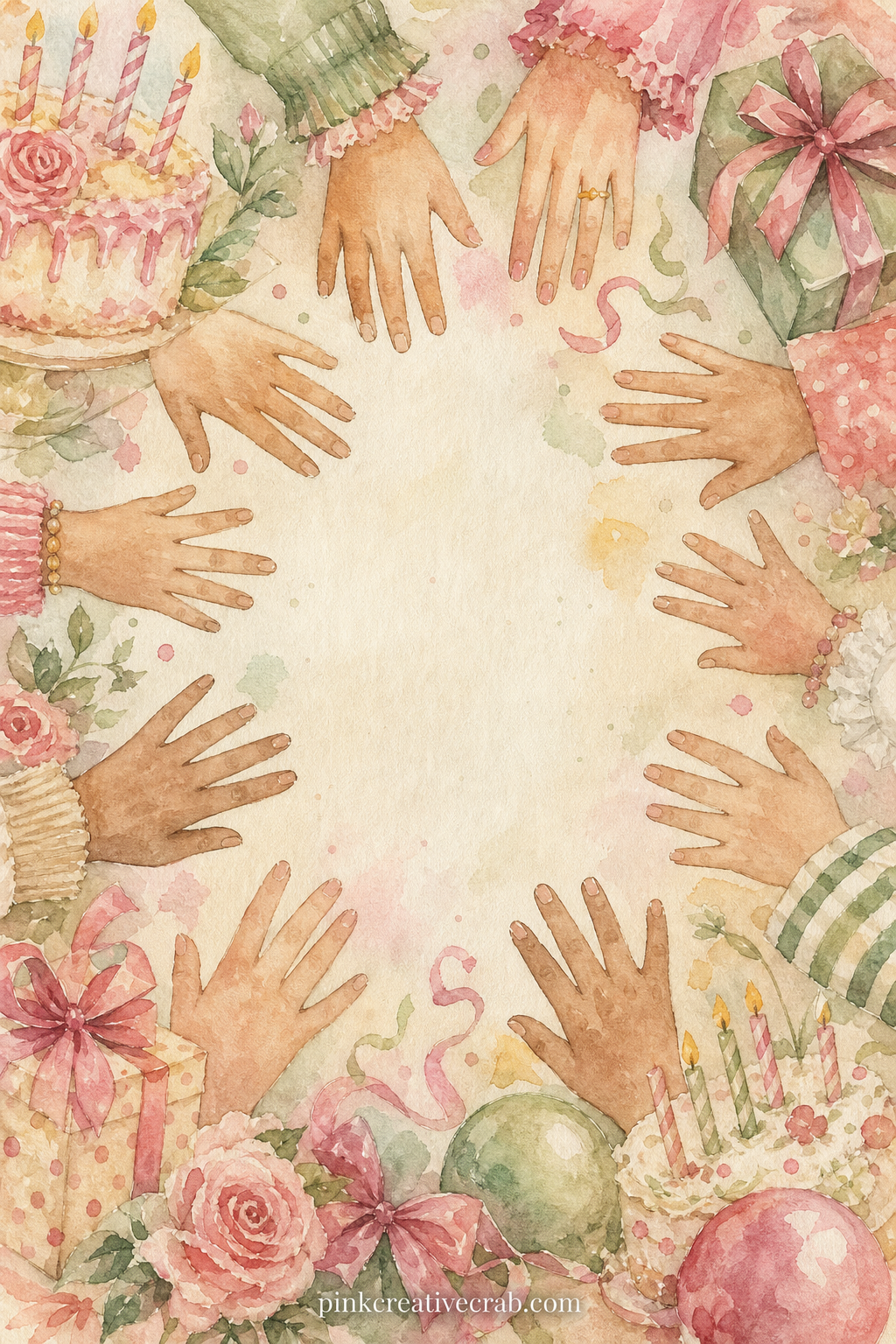 Guest Signatures Page printable page — A ring of painted hands reaches toward the center of the page, leaving blank space in the middle for every guest at the