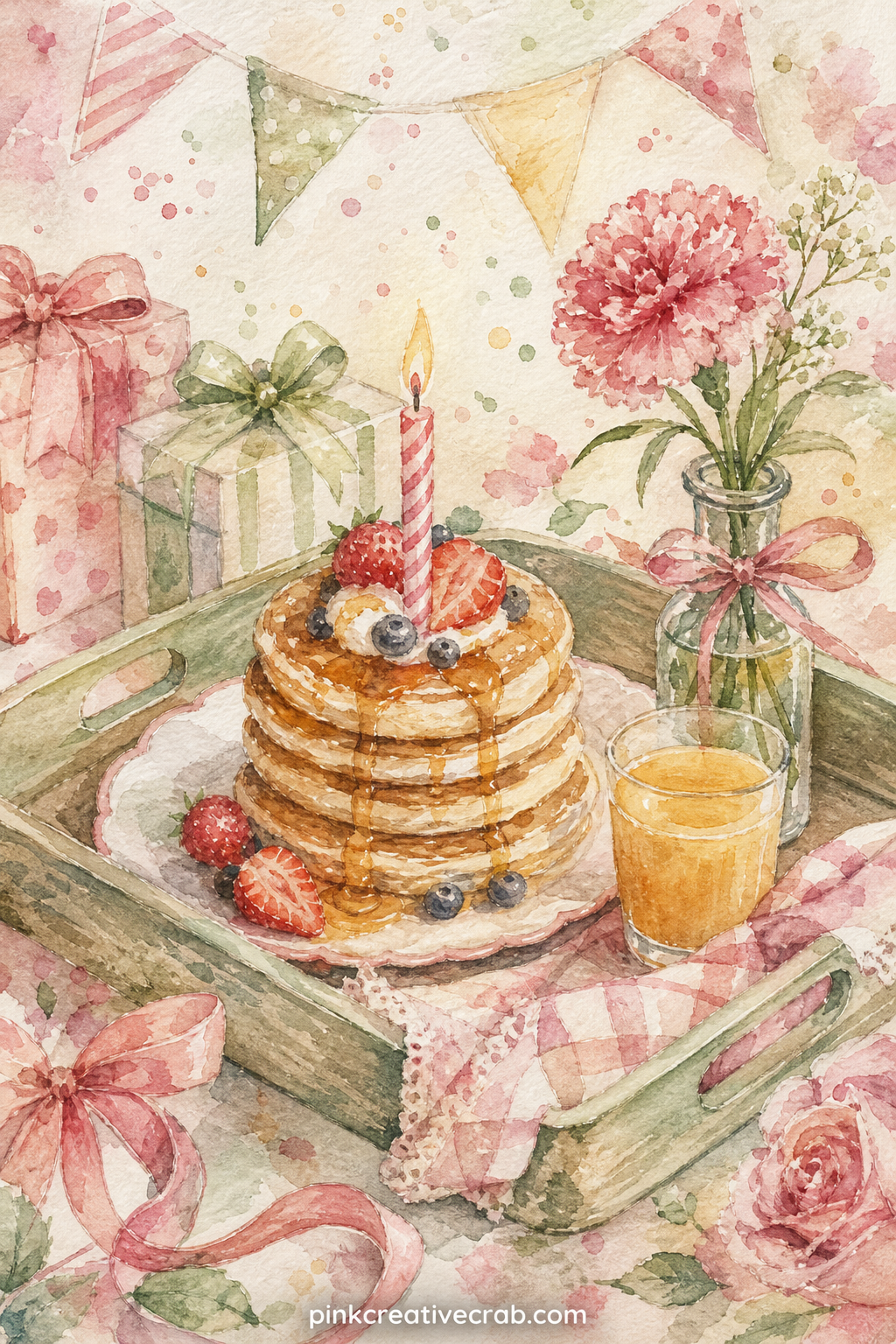 Birthday Breakfast Tray printable page — A breakfast tray holds pancakes stacked with a lit candle on top, a small glass of juice and a flower in a bud vase