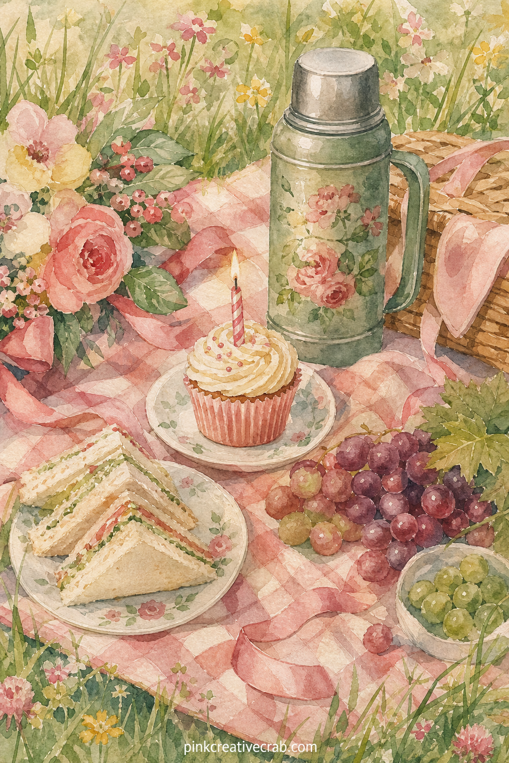 Picnic Birthday Spread printable page — A checkered blanket holds a small picnic of sandwiches, a thermos, a bunch of grapes and a single cupcake with a