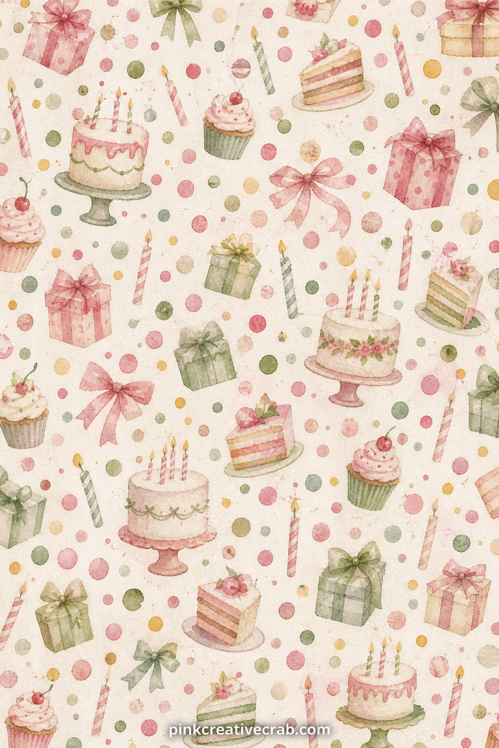 Confetti Dot Pattern printable page — Small painted confetti dots in rose and buttercream scatter evenly across the page from edge to edge. Birthday junk