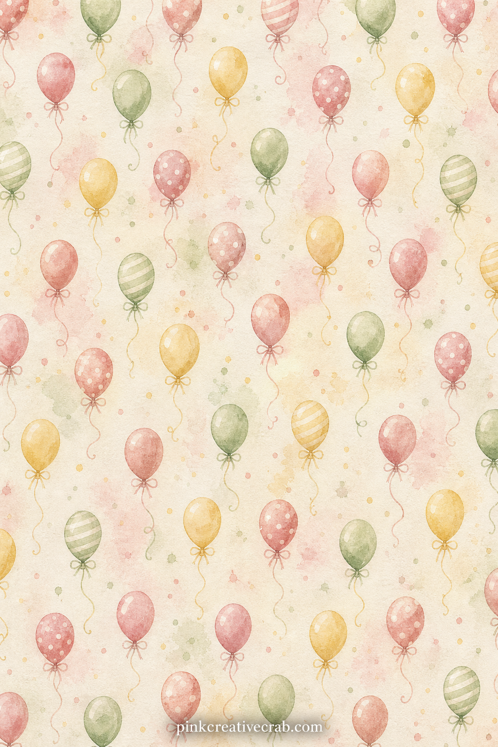 Tiny Balloon Background Paper printable page — Rows of small painted balloons on thin strings repeat quietly across the whole sheet. Birthday junk journal