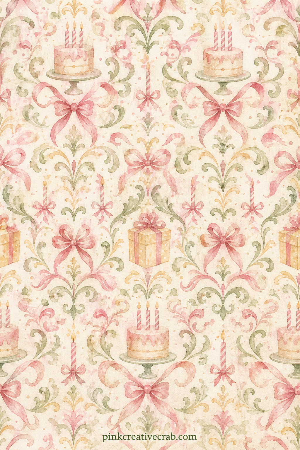 Gift Wrap Damask Background printable page — A soft damask of ribbon loops and tiny bows repeats in a muted pattern reminiscent of old gift wrap. Birthday junk