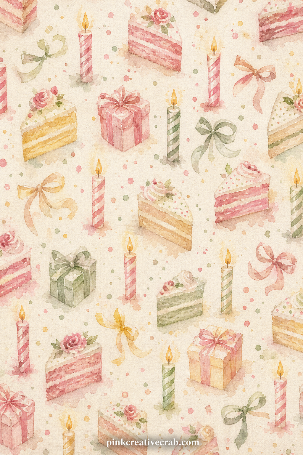 Birthday Cake Slice Pattern printable page — Small painted cake slices and single candles repeat in a loose scatter across the page like wallpaper. Birthday
