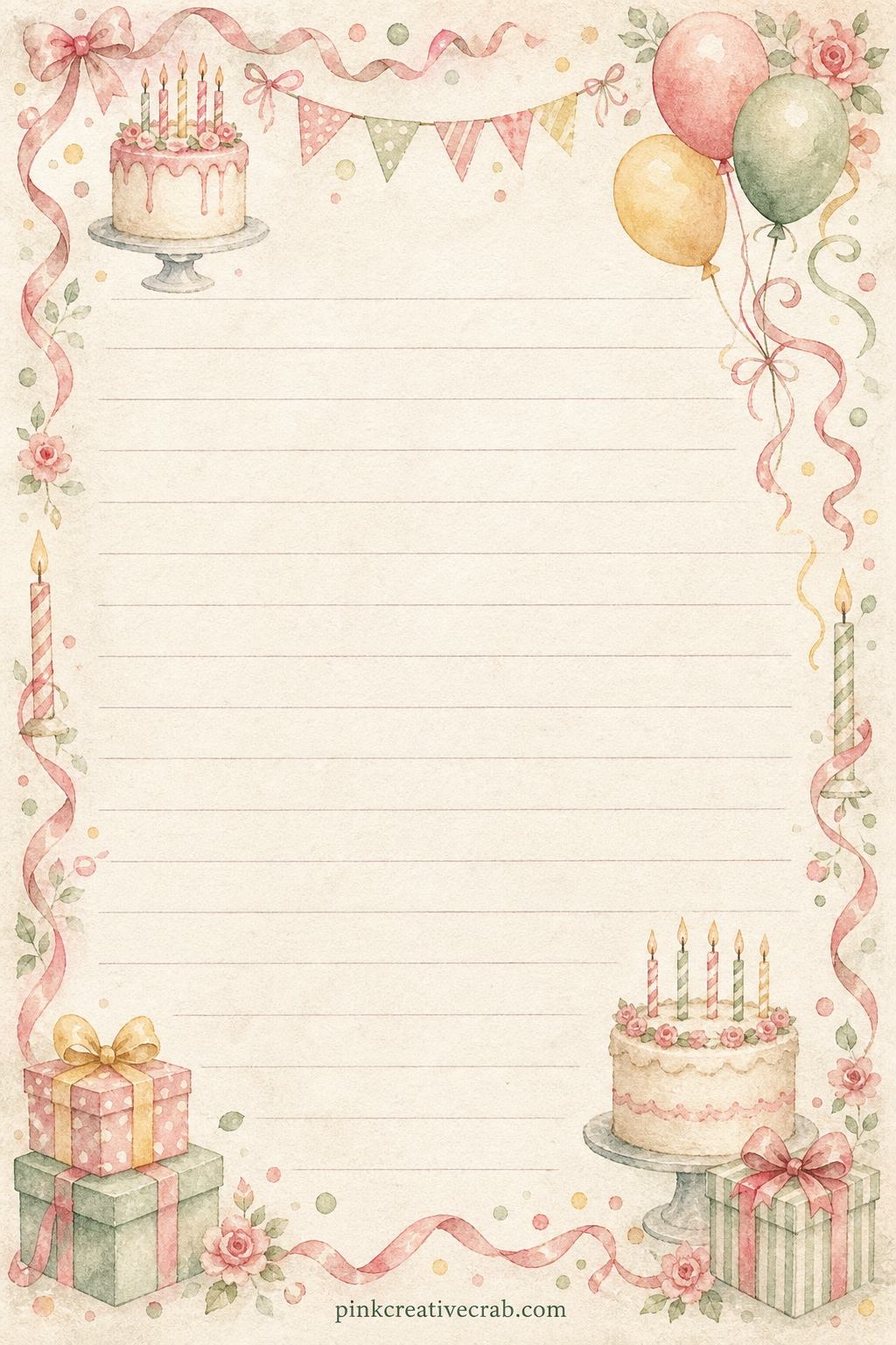 Wish List Lined Page printable page — A corner spray of balloons and ribbon frames faint ruled lines down the page. Birthday junk journal