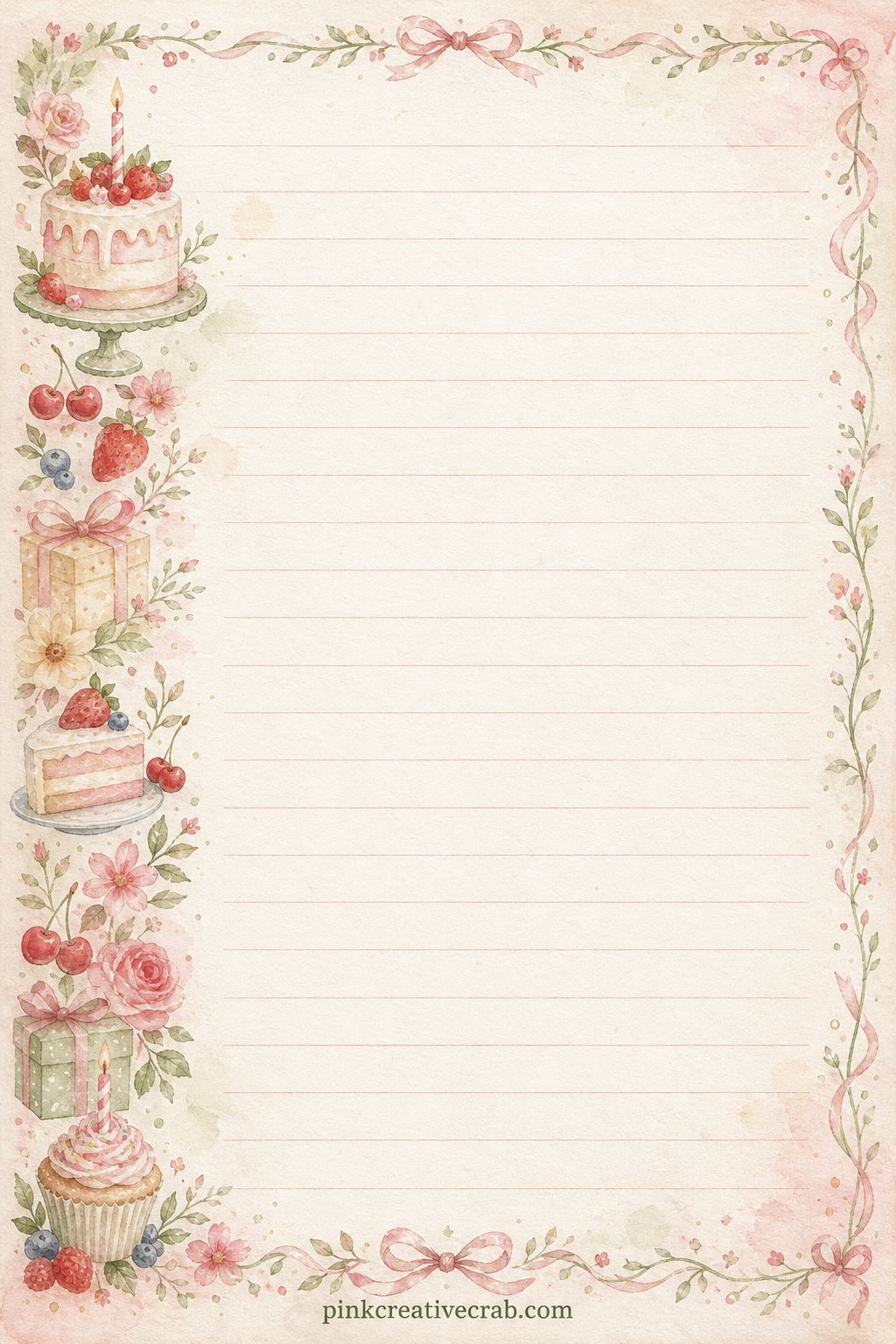 Birthday Menu Lined Page printable page — A thin band of painted fruit and flowers runs down the left edge beside faint ruled lines. Birthday junk journal