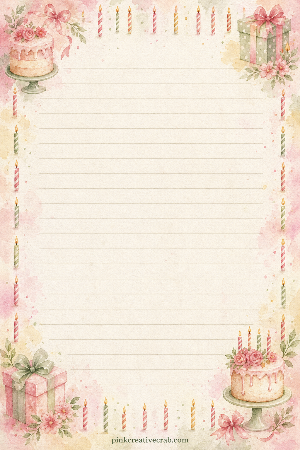 Letter To The Birthday Person printable page — A frame of tiny painted candles borders faint ruled lines left open in the center. Birthday junk journal