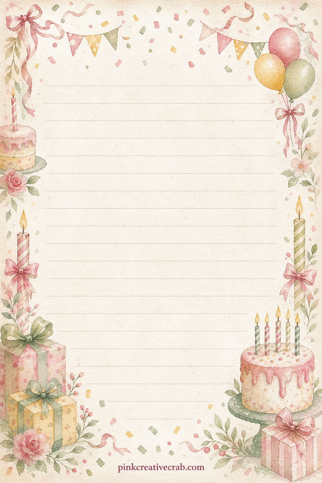 Guest List Lined Page printable page — Small painted confetti pieces drift along the top border above faint ruled lines. Birthday junk journal