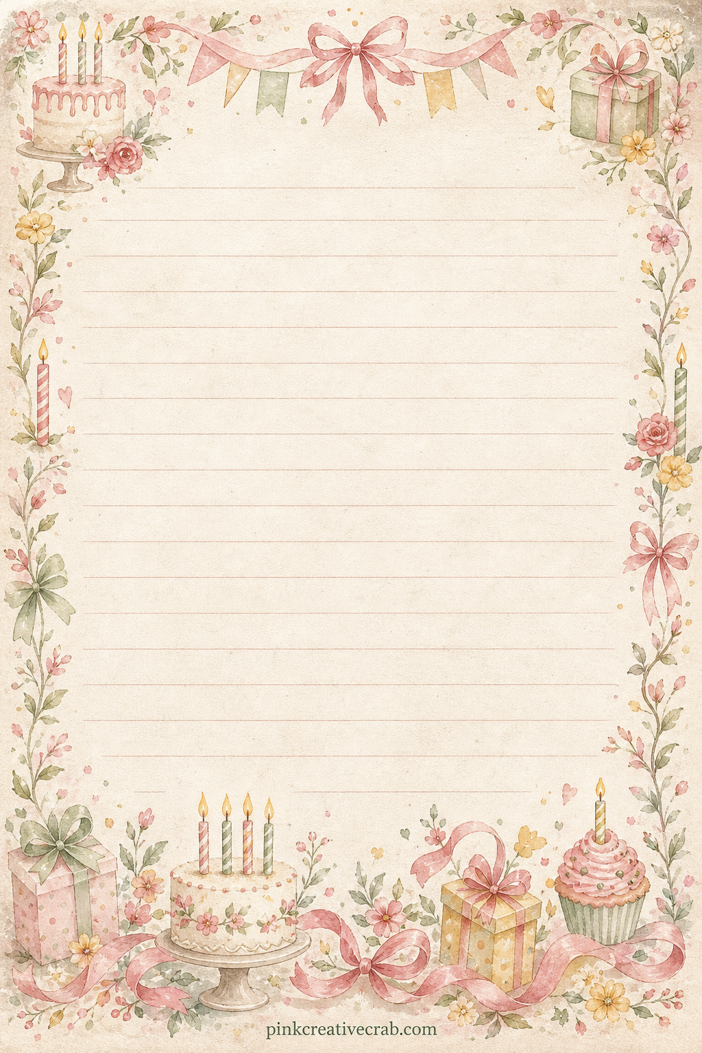 Birthday Memories Lined Page printable page — A delicate band of ribbon and small flowers runs along the bottom edge beneath faint ruled lines. Birthday junk