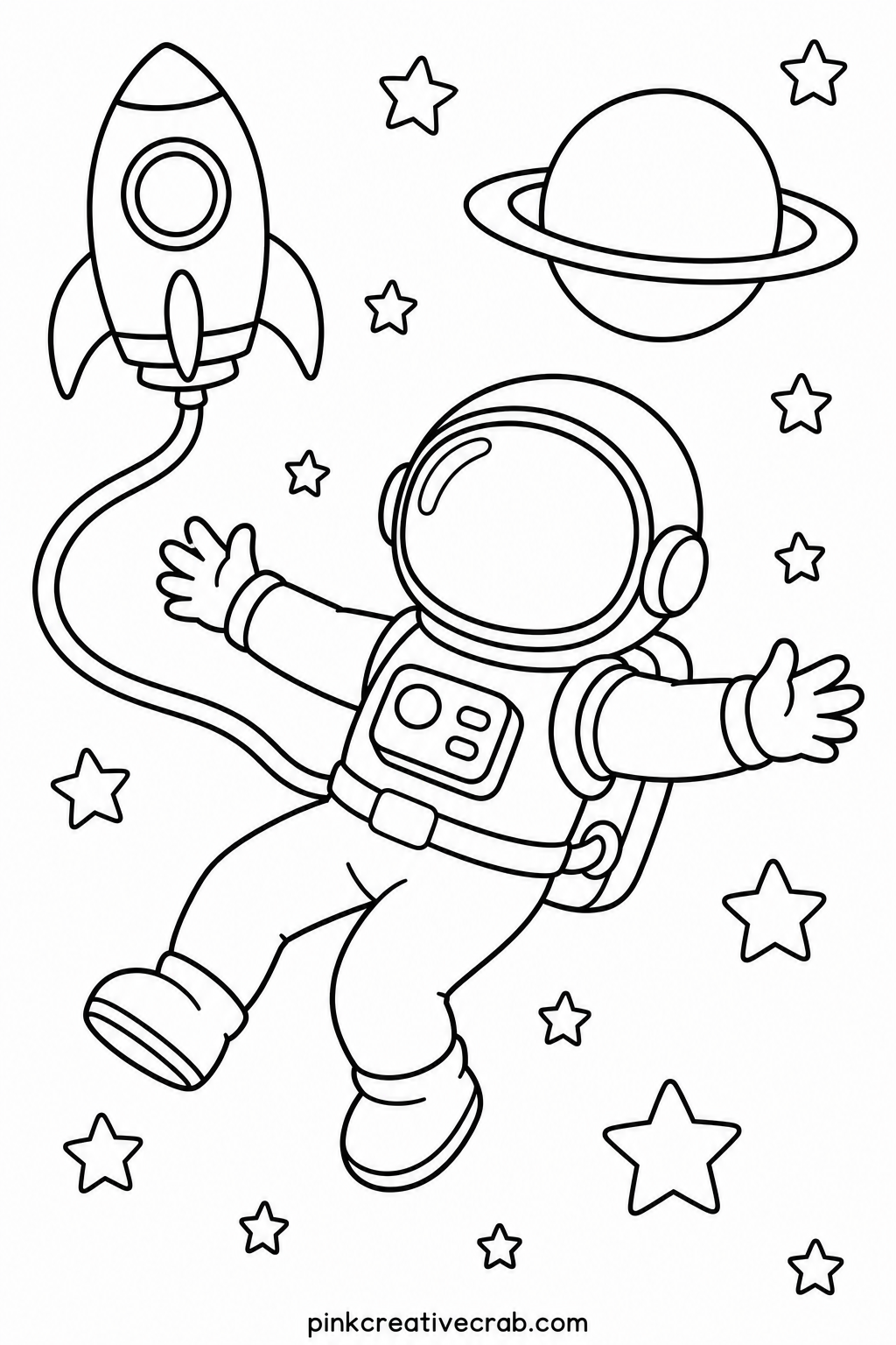 Astronaut Floating In Space printable page — Thick marker works best on the helmet and suit, so start there and save the thin lines of the tether cord for a