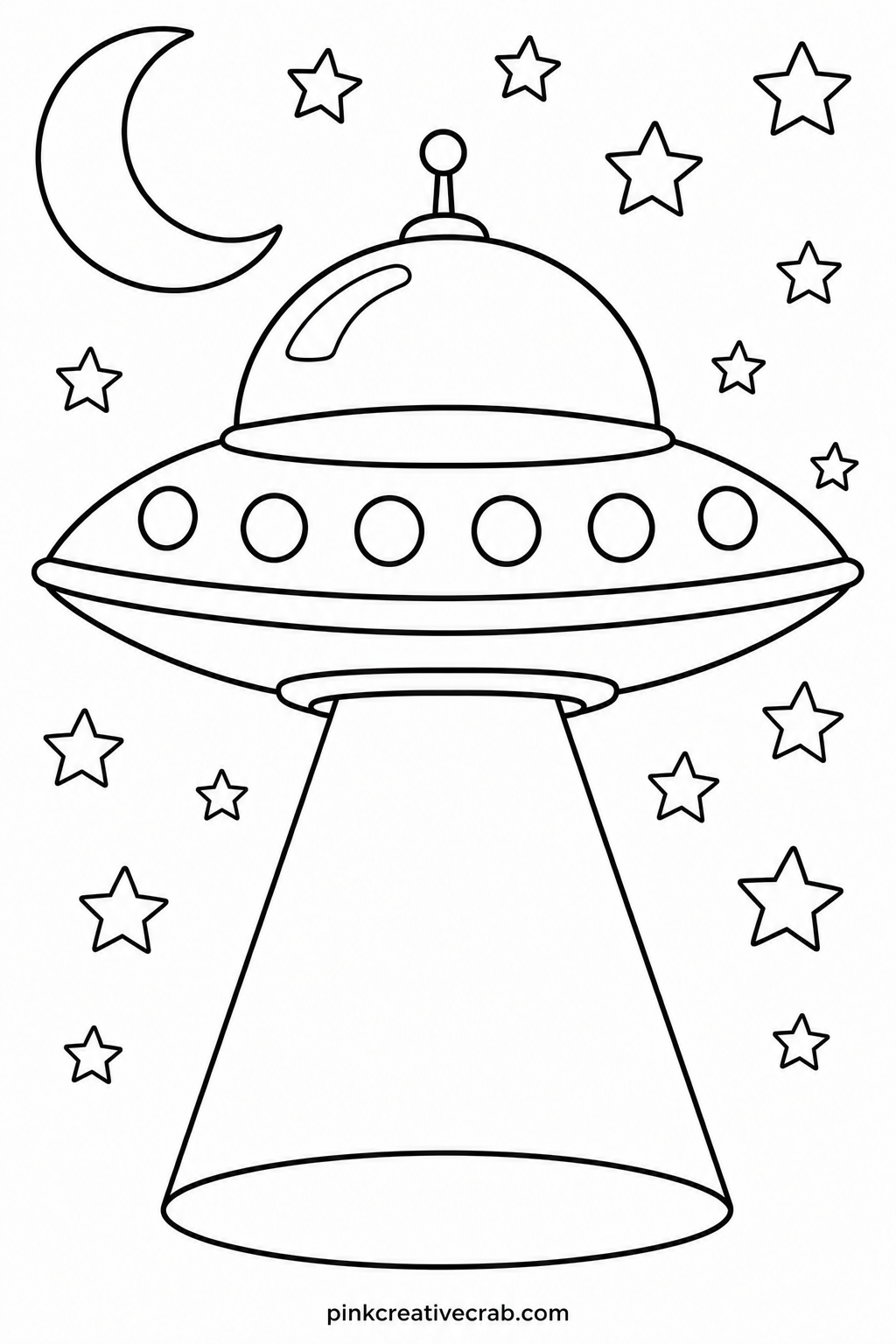 Alien Spaceship Flying printable page — Pair this page with the rocket landing scene for a two-sheet space mission a child can tell a story across, one sheet