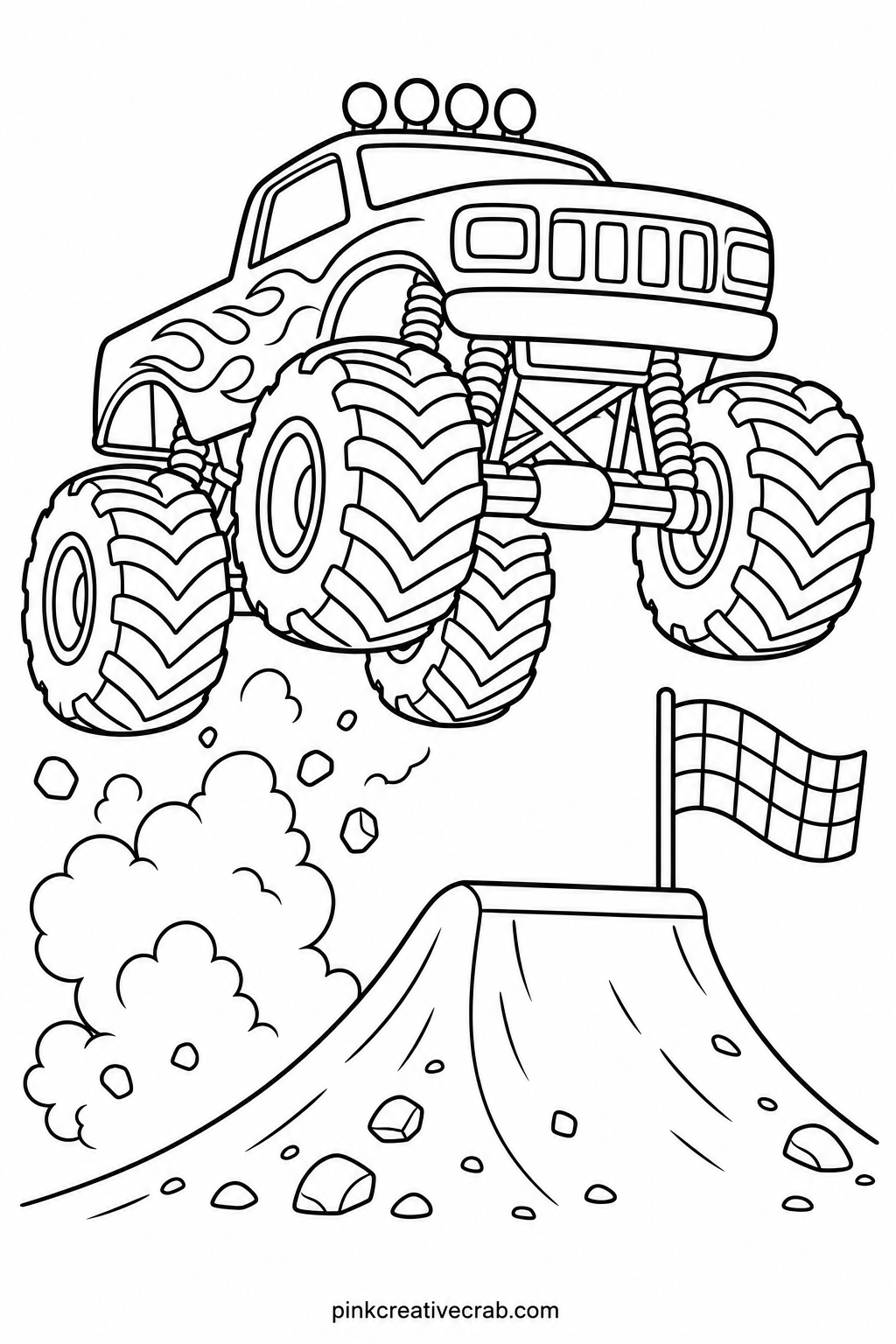 Monster Truck Jumping A Ramp printable page — The usual mistake here is coloring the wheels first and smudging them while the hand moves across the page, so