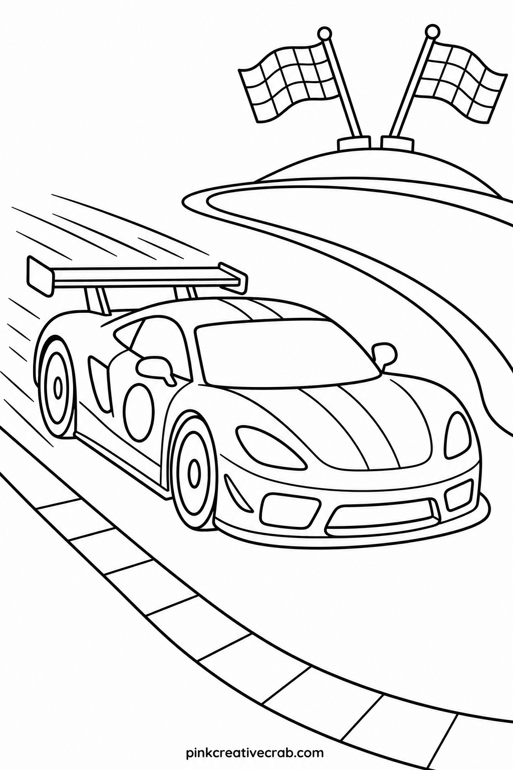 Race Car On The Track printable page — A sleek race car with a spoiler and number on the door speeds around a curved track, checkered flags lining the finish