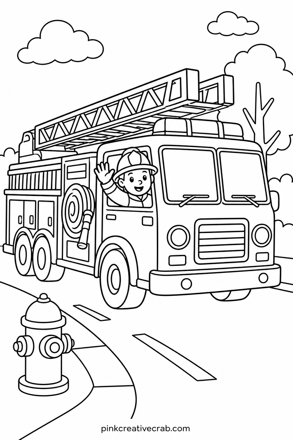 Fire Truck Rushing To Help printable page — Ask the child what the firefighters are rushing to put out before coloring starts, then let that little story