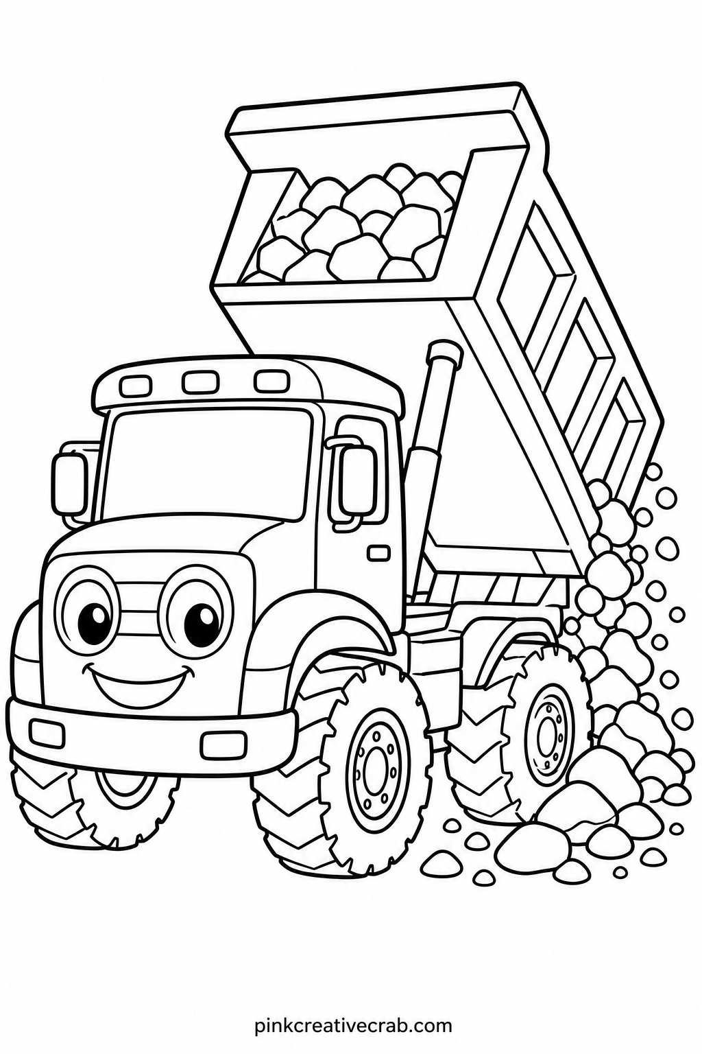 Dump Truck Hauling Rocks printable page — For a ten minute version, skip the pile of rocks in the truck bed and just color the cab and wheels, which still