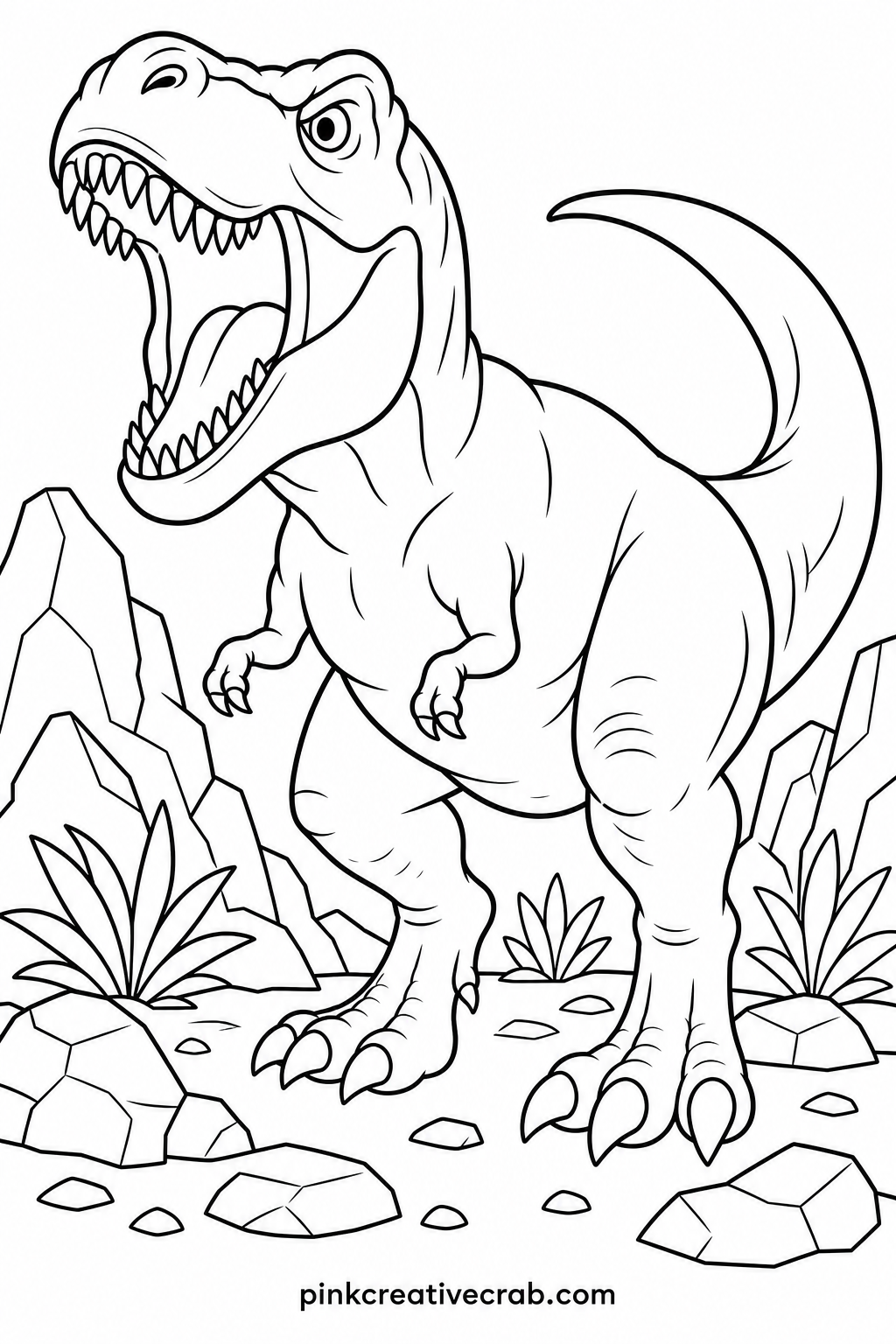 T Rex Roaring printable page — A roaring T Rex with open jaws and small arms gives young colorers one giant body shape to fill fast, which makes it a good