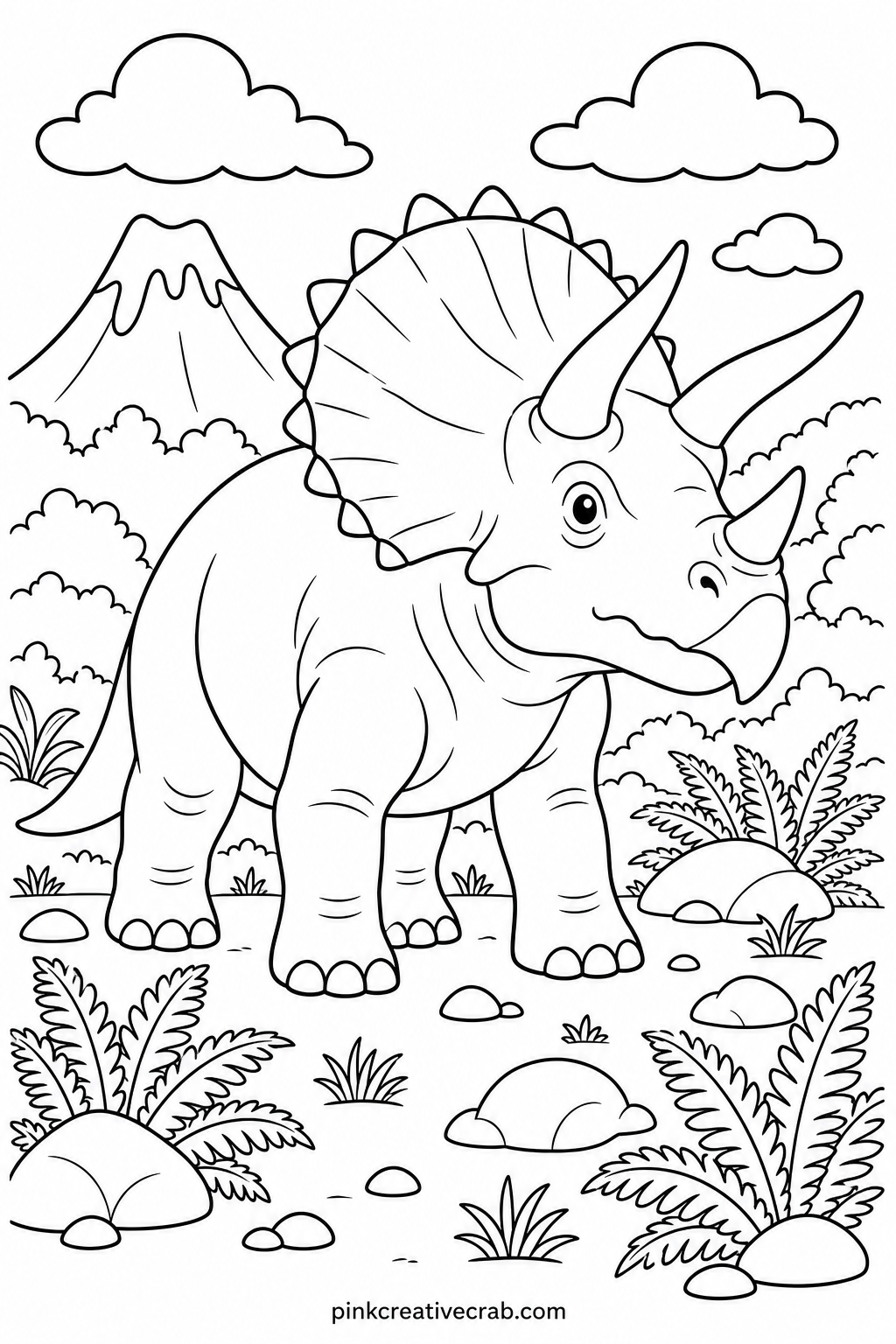 Triceratops In A Clearing printable page — Crayon fills the wide frill and the body quickly, so save a fine tip marker for the small horns and the toes if the
